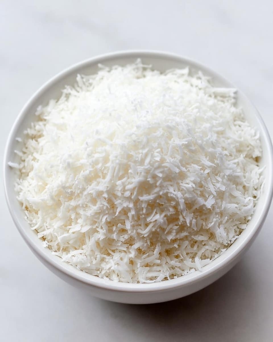 A white bowl filled to the top with fine, fluffy white shredded coconut. The texture looks soft and light, with small thin shreds evenly spread and slightly mounded in the center. The bowl sits on a white marbled surface, with soft natural light highlighting the delicate details of the shredded coconut. The background is plain and clean, focusing all attention on the simple, fresh ingredient photo taken with an iphone --ar 4:5 --v 7