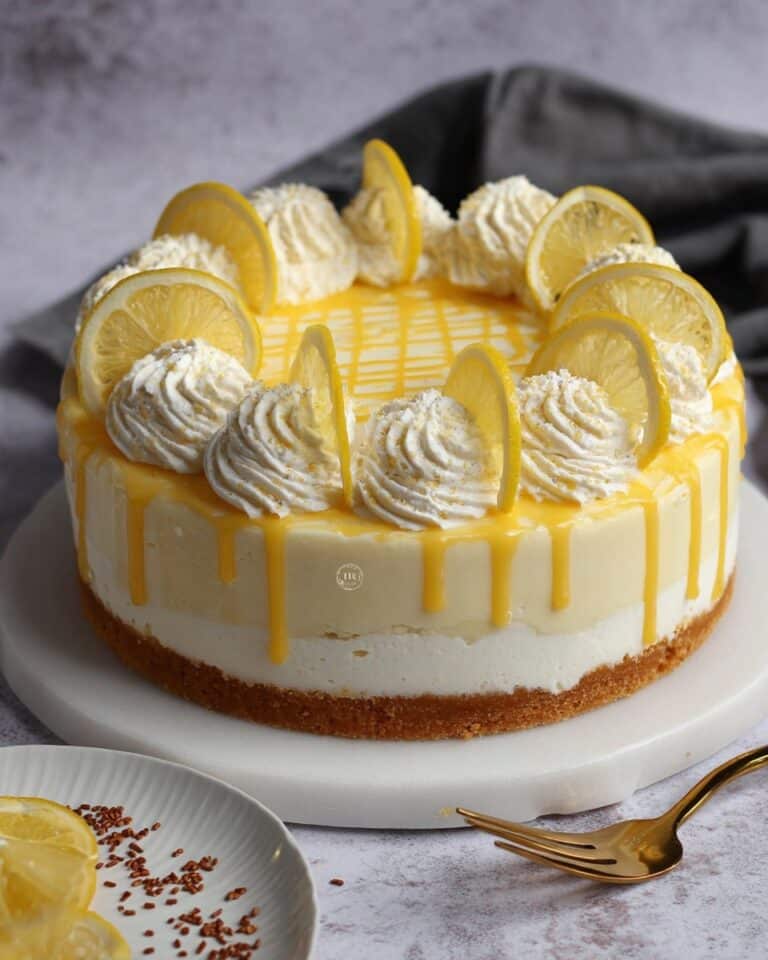 Drizzle Lemon Cake with Lemon Cheesecake Frosting and White Chocolate Decoration Recipe