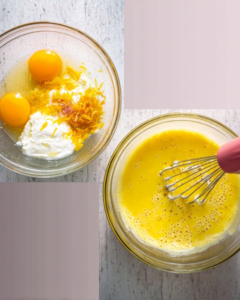 The image shows two glass bowls on a white marbled surface. The bowl on the left contains layers of ingredients: two raw eggs with bright yellow yolks near the edge, white yogurt or sour cream on one side, a pile of yellow lemon zest, and some vanilla extract with sugar. The bowl on the right shows the same glass bowl with the ingredients now mixed into a smooth, bright yellow batter with bubbles. A pink electric mixer with metal beaters is partially visible inside the bowl. Photo taken with an iphone --ar 4:5 --v 7