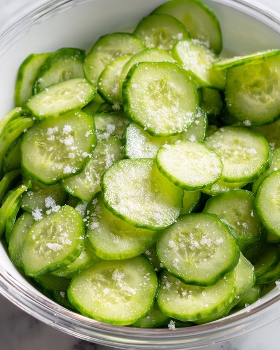 The image shows a close-up of many thin, round slices of bright green cucumber layered in a shiny white bowl. The cucumber slices have a fresh, slightly translucent look with darker green edges and visible seeds. On top, there are small, coarse grains of white salt scattered unevenly across the slices. The bowl rests on a white marbled surface, and the lighting highlights the fresh, crisp texture of the cucumber slices. photo taken with an iphone --ar 4:5 --v 7