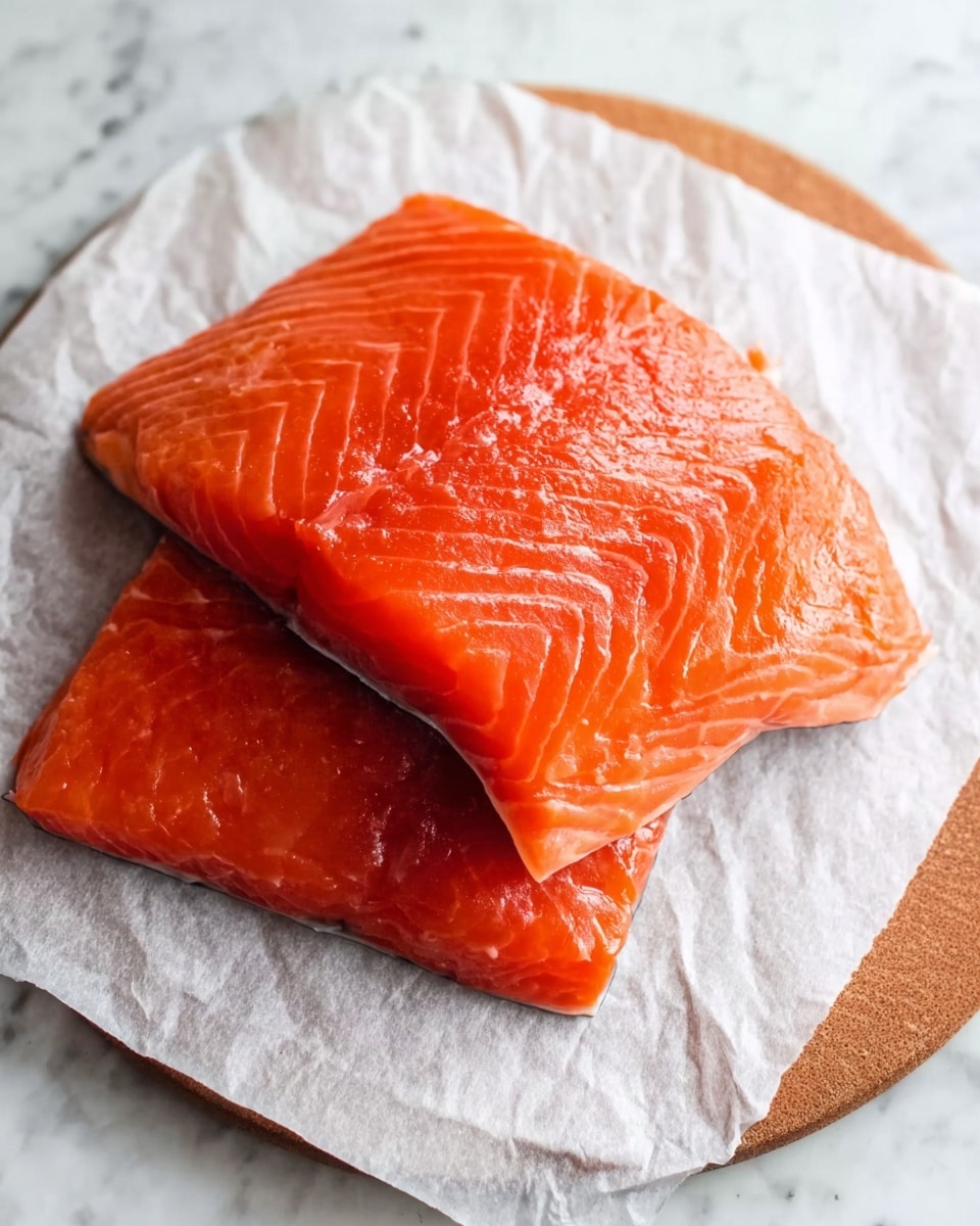 Two pieces of bright orange raw salmon with smooth, shiny skin are stacked on top of each other on a round piece of white parchment paper, which is placed on a white marbled surface. The top piece shows fine lines of muscle texture, while the bottom piece is partially visible, showing similar color and texture. The scene is simple with a focus on the fresh fish. photo taken with an iphone --ar 4:5 --v 7
