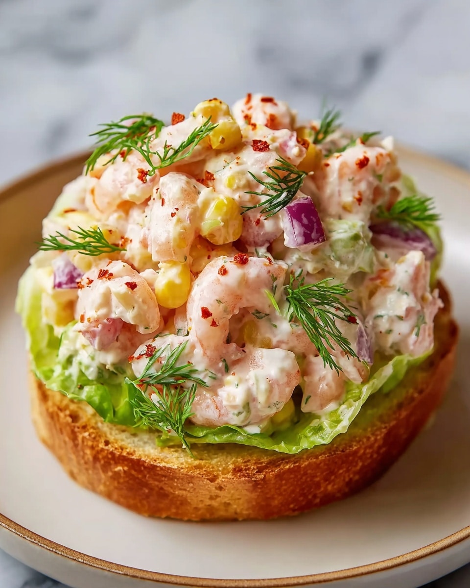 The dish shows one thick, round, golden-brown toasted bread slice at the bottom, topped with a layer of bright green lettuce leaves. On top of the lettuce, there is a creamy shrimp salad piled high in one mound. The shrimp are pale pink with a smooth, slightly shiny texture, mixed with creamy white dressing, small pieces of yellow corn, thin slices of purple onion, and small green slices of pepper. The salad is sprinkled with small red spice flakes and garnished with fresh green dill sprigs. The dish is placed on a white plate with a thin beige rim, set on a white marbled surface. Photo taken with an iphone --ar 4:5 --v 7