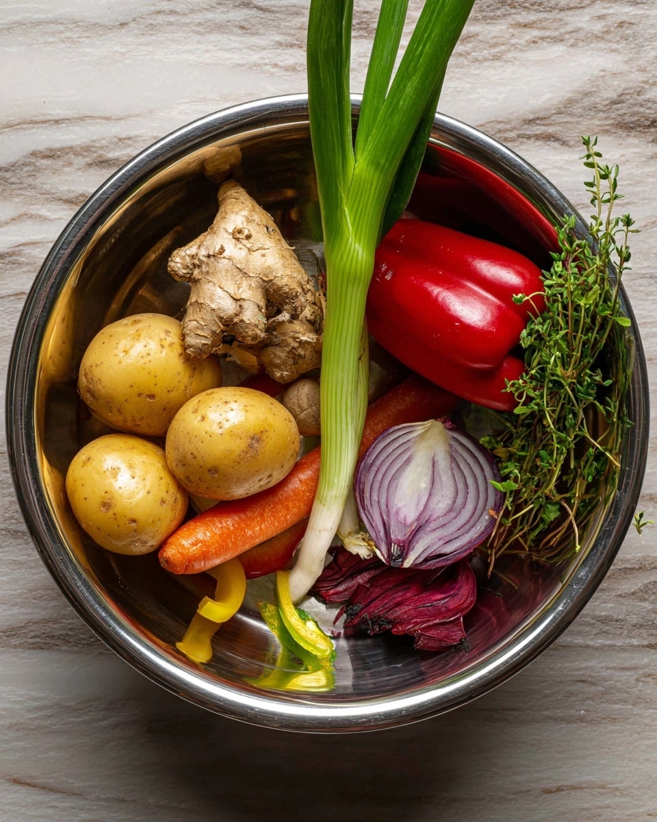 A shiny silver bowl sits on a white marbled surface and inside it are several raw vegetables and herbs. At the bottom left, two light brown potatoes with small sprouts are placed side by side. Above them, a rough-textured ginger root rests next to a whole garlic bulb. Two long green onions stretch vertically from the bottom to the top of the bowl, crossing over the other ingredients. A bright orange carrot lies horizontally beneath the green onions. On the right side, a shiny red bell pepper leans against the side of the bowl, and near it is a small yellow-green pepper. A thick slice of purple onion with visible rings lies near some scattered purple onion skin, and a small bunch of green fresh thyme with thin stems is placed next to everything. The bowl reflects all the colors, adding shine to the textures. photo taken with an iphone --ar 4:5 --v 7