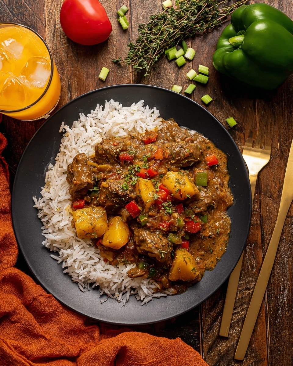 A black plate holds a bed of white rice as the bottom layer, topped with a rich, brown stew containing pieces of meat and chunks of yellow potatoes, mixed with red and green bell pepper bits, all covered in a thick, herb-spiced sauce. The plate sits on a wooden surface with chopped green onions scattered around, a green pepper and a red pepper nearby, and fresh thyme sprigs. Two gold forks rest on each side of the plate, and there is a glass with orange juice and ice to the top left. An orange cloth is partially visible under the plate on the bottom right. photo taken with an iphone --ar 4:5 --v 7