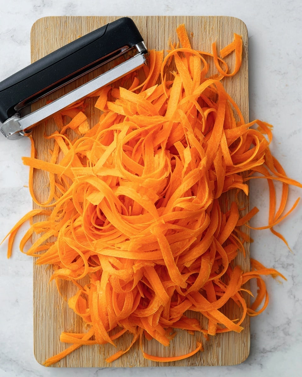 The image shows a large pile of thin, bright orange carrot ribbons spread on a wooden cutting board. The carrot ribbons have smooth and slightly curly textures with some varying widths, layered loosely and overlapping each other. On the left side of the board, there is a black vegetable peeler with a straight silver blade resting next to the carrot ribbons. The scene is set on a white marbled texture surface, giving a clean and fresh feel. photo taken with an iphone --ar 4:5 --v 7