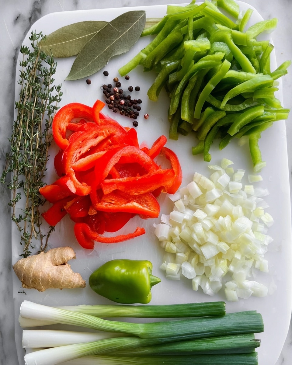 The image shows a white cutting board on a white marbled surface with fresh ingredients laid out neatly. On the left side, there are green thyme sprigs and two bay leaves next to a piece of fresh ginger and scattered black peppercorns. Towards the top left are sliced red bell peppers with bright red color and smooth texture. Above them are long, thin strips of green bell peppers, vibrant and fresh. On the right side, there are small diced white onions arranged in a pile near some minced garlic. Also visible near the bottom right are several green onion stalks, with their white bases and green tops aligned together. In the middle lies a small whole green Scotch bonnet pepper. photo taken with an iphone --ar 4:5 --v 7