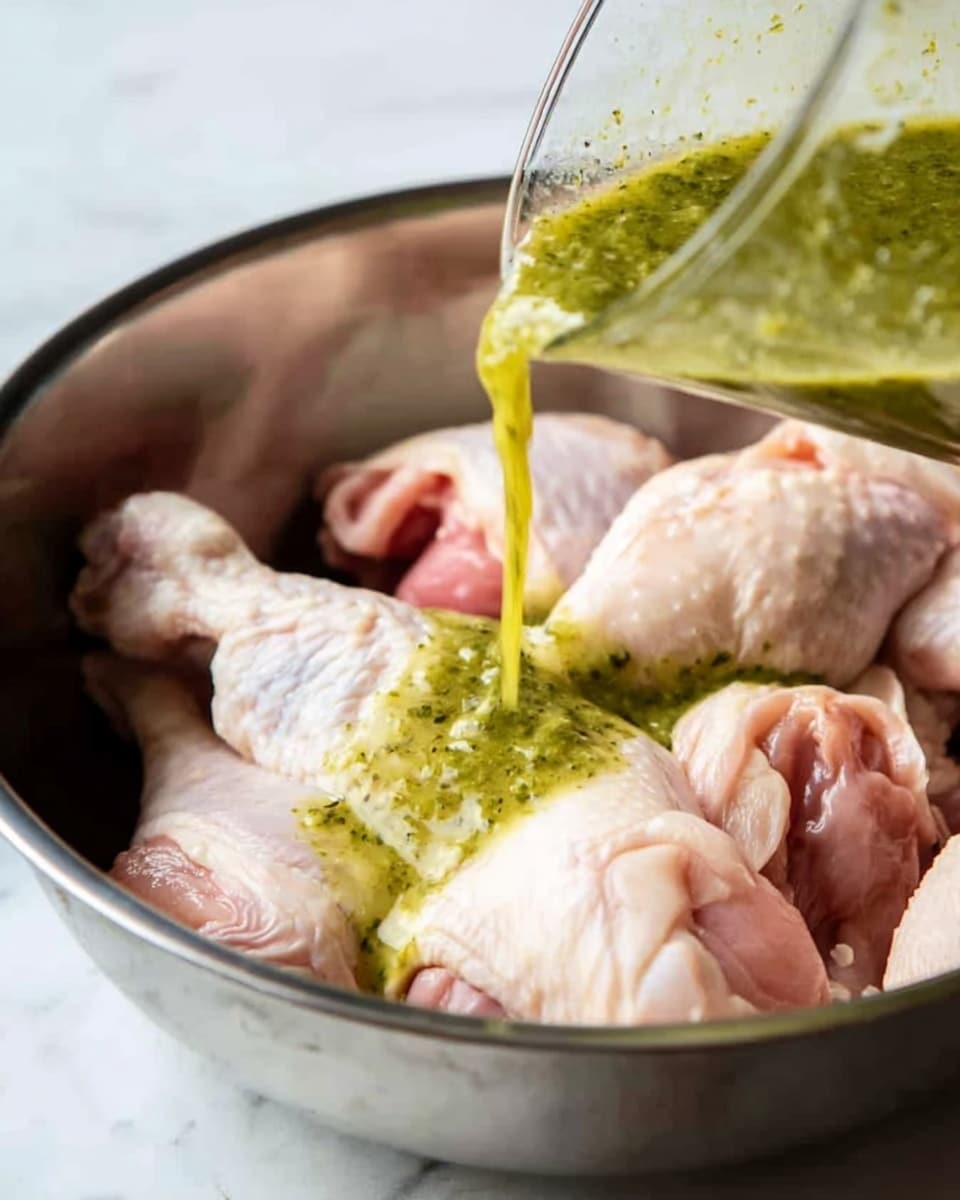 The image shows a close-up of a metal bowl containing several pieces of raw chicken with pale pink skin and white fat layers. A light green sauce, with a slightly chunky texture and small dark green specks, is being poured over the chicken from a clear container positioned on the right side. The sauce flows smoothly, covering parts of the chicken, whose uneven and soft skin texture is visible. The background surface is white marbled texture. photo taken with an iphone --ar 4:5 --v 7