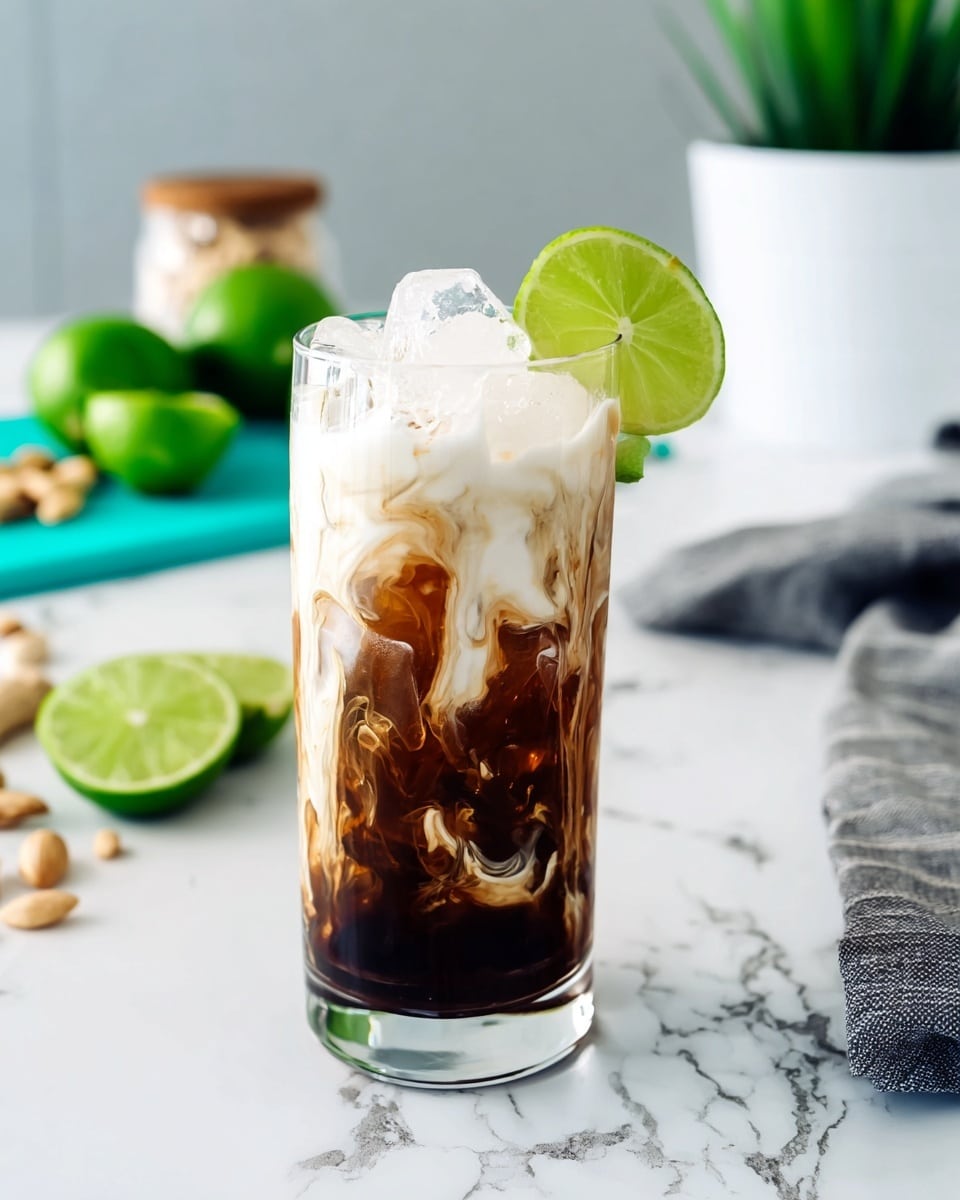 The image shows a clear glass filled with three main layers. The bottom layer is dark brown, likely cold coffee or cola with ice cubes visible inside. The middle layer consists of cream or milk slowly mixing into the dark liquid, creating swirling white and light brown patterns down the glass. The top layer is thick white froth with a few large ice cubes on top. A bright green lime wedge is placed on the rim of the glass on the right side. The glass stands on a white marbled surface with a blurred background including a white pot with a green plant, sliced lime halves on a teal cutting board, and a gray and white striped cloth with green almonds or nuts nearby. Photo taken with an iphone --ar 4:5 --v 7