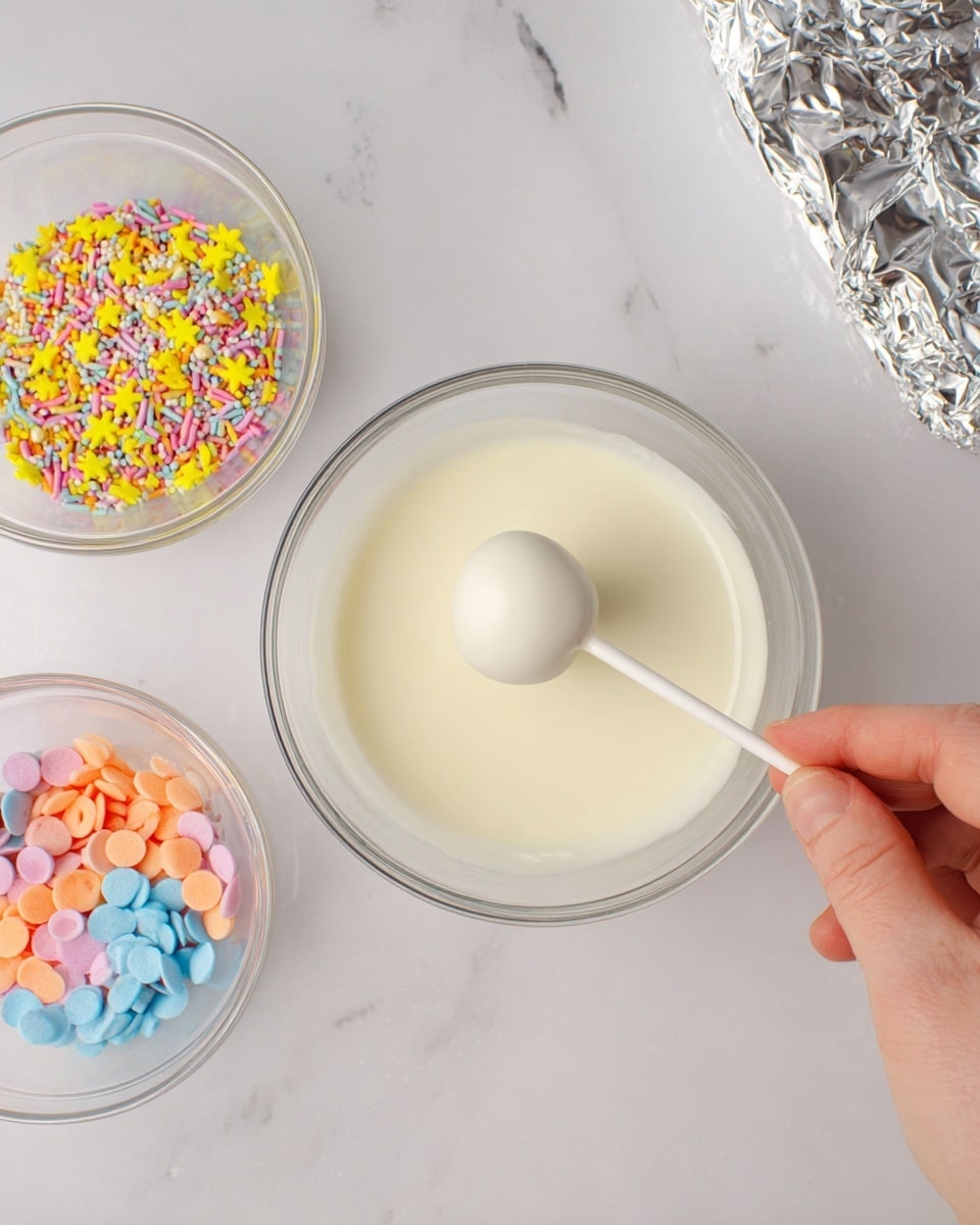 A woman's hand is holding a white stick with a round white cake pop dipped halfway into a smooth, creamy white bowl of melted white chocolate or candy coating. To the left, two clear glass bowls are filled with colorful sprinkles; the top bowl has mixed shapes in bright colors like yellow stars and blue circles, while the bottom bowl has round confetti-like sprinkles in pastel colors including pink, orange, and blue. The items are placed on a white marbled textured surface, with a shiny silver wrapped item partially visible at the top right. photo taken with an iphone --ar 4:5 --v 7