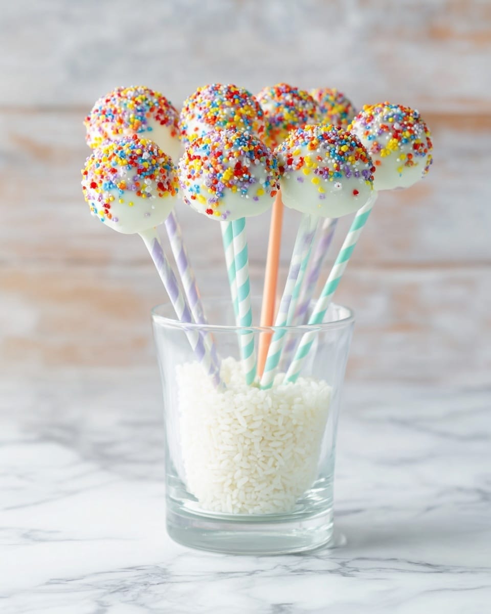 There are ten round cake pops standing upright in a clear glass filled halfway with white rice. Each cake pop has a smooth white coating and is covered with small colorful sprinkles in red, yellow, blue, purple, and green. The cake pops each have a striped paper stick in pastel blue, pastel orange, and pastel green, evenly placed inside the glass. The glass sits on a white marbled surface, and the background is softly blurred in light tones. photo taken with an iphone --ar 4:5 --v 7