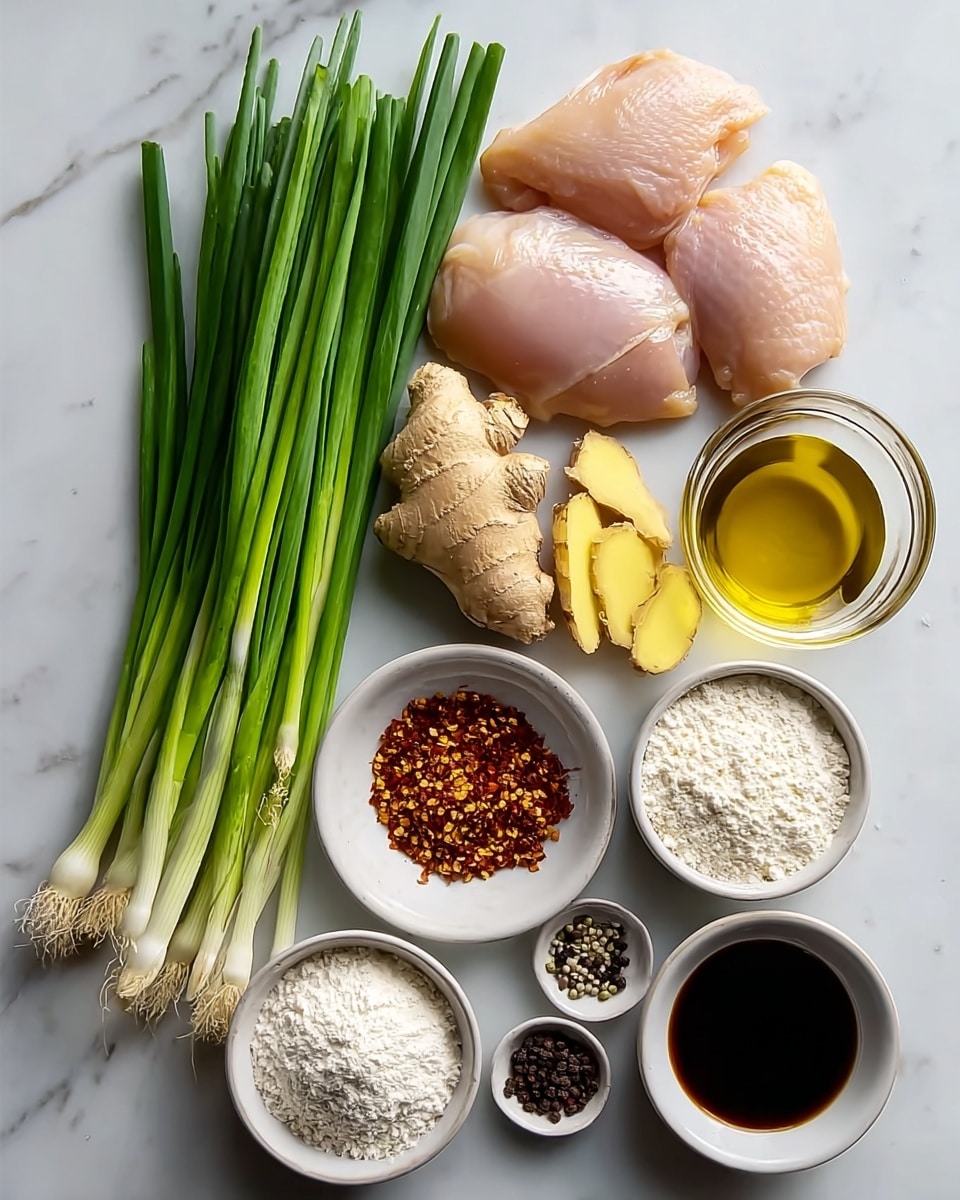 The image shows fresh ingredients neatly arranged on a white marbled surface. There are three raw chicken pieces placed in the center with a smooth pale pink texture. To the left, a bunch of green onions with long dark green stalks and white bases create a vertical line. Below the chicken, a large piece of light brown ginger root sits alongside two thin slices of ginger with a yellow interior. To the right of the chicken, there are four small white bowls: one filled with white flour, another with red chili flakes, a smaller one with whole black peppercorns, and the smallest with coarse salt. Between the ginger and the bowls, there is a round glass container filled with golden oil and a smaller container with dark soy sauce. Everything is well-lit, clean, and organized. photo taken with an iphone --ar 4:5 --v 7