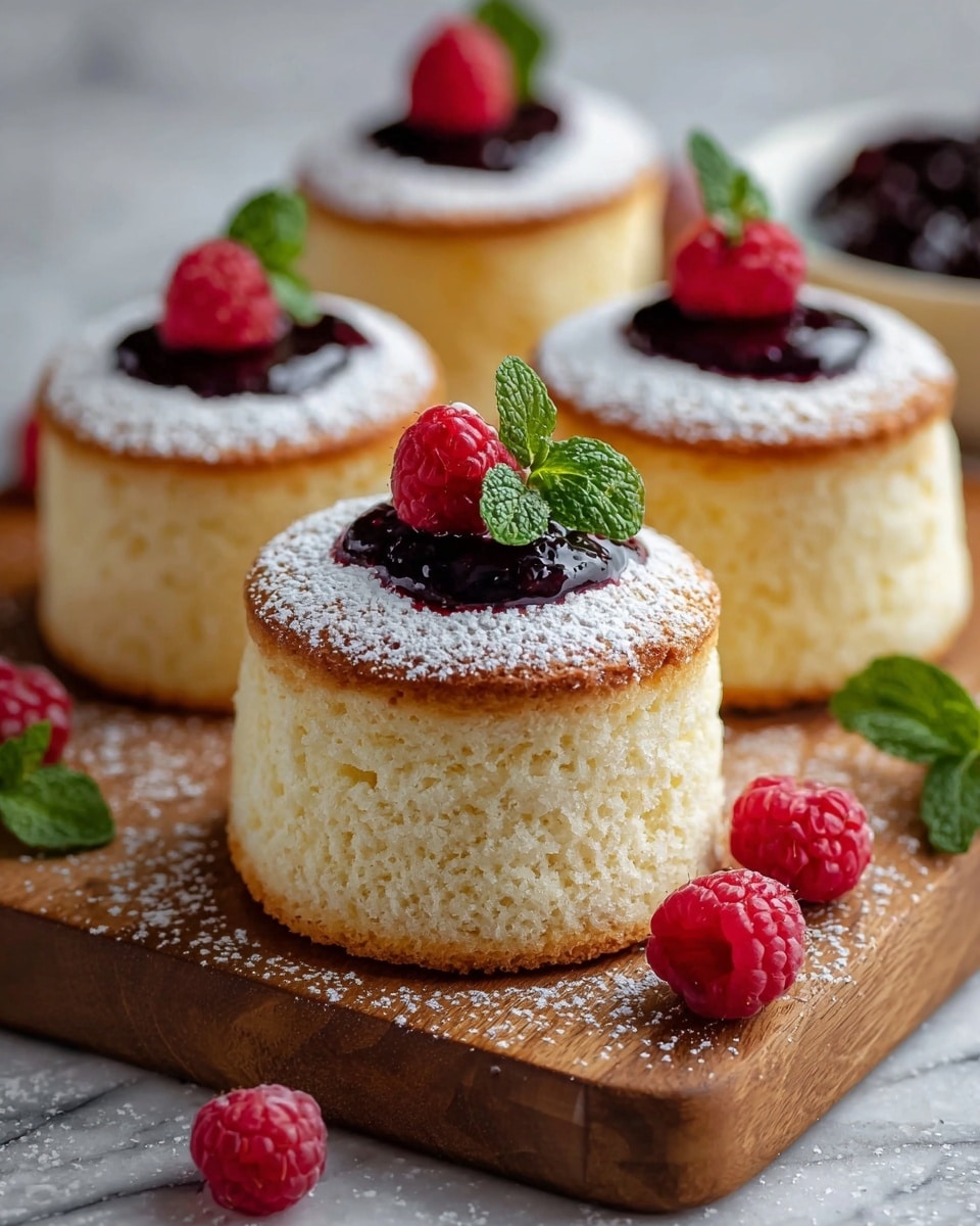 The image shows four soft, round, fluffy cakes with a light golden brown top layer and a pale yellow spongy side layer. Each cake has a small circle of dark purple jam placed on top at the center, crowned with a bright red raspberry and a few fresh green mint leaves. There is a light dusting of white powdered sugar on the tops of the cakes, raspberries, and mint leaves. The cakes are arranged on a wooden board with some extra raspberries and mint leaves scattered around the board, all set on a white marbled textured surface. Photo taken with an iphone --ar 4:5 --v 7