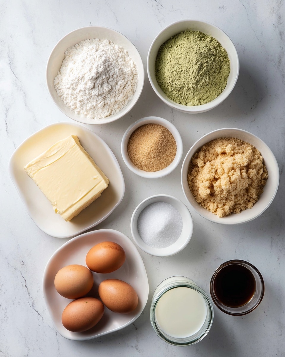The image shows various baking ingredients arranged neatly on a white marbled surface. There are three white bowls at the top holding white flour on the left, green powder in the middle, and light brown crumbly topping on the right. Below these, on the left side, is a white dish with a thick slab of pale yellow butter. Next to it, there are three brown eggs grouped together. In the center, a small white bowl holds light brown sugar, while a smaller white bowl beside it contains white salt. At the bottom right, a glass jar is filled with white milk, and near it is a small white cup filled with dark vanilla extract. The clean setup shows each item clearly separated, with a focus on the soft textures of the powders and the smooth surfaces of the eggs and dairy. Photo taken with an iphone --ar 4:5 --v 7