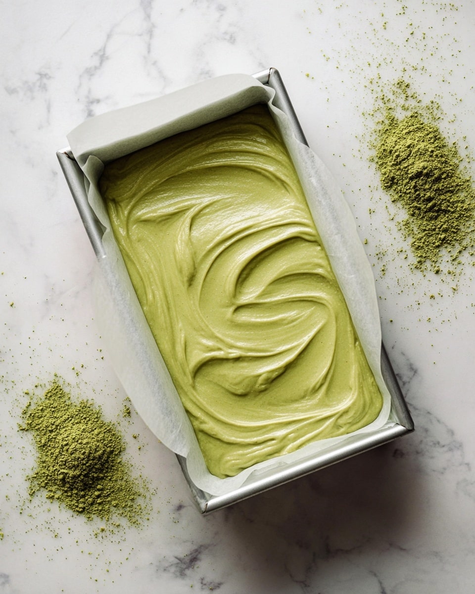 A rectangular metal baking pan lined with white parchment paper holds a single thick layer of smooth, light green batter with soft swirls on the surface. The pan rests on a white marbled surface, scattered with two small piles of green powder, one near the top right corner and the other near the bottom left corner. The overall look is clean and simple with a focus on the batter's creamy texture and vibrant green color. Photo taken with an iphone --ar 4:5 --v 7