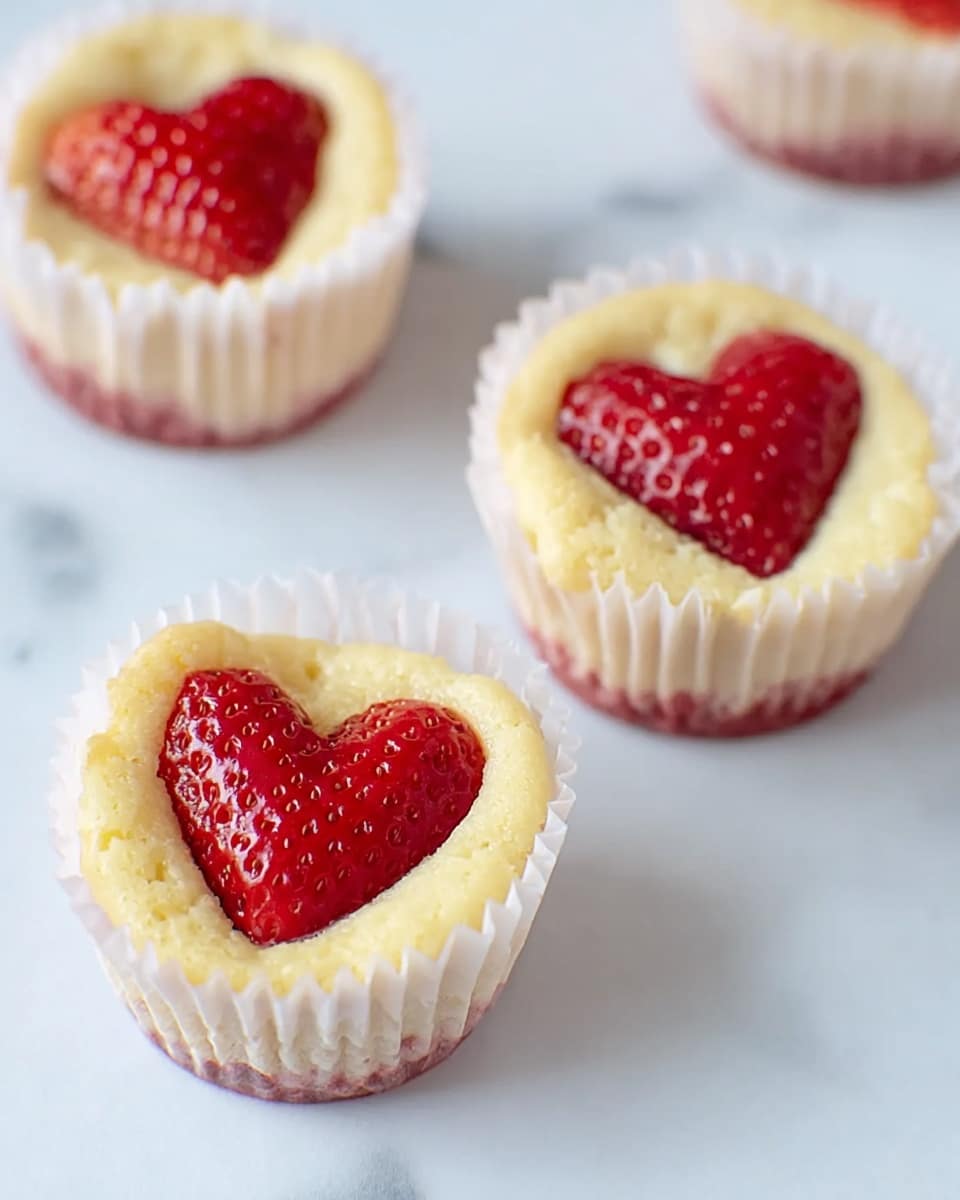 The image shows four small cupcakes placed on a white marbled surface. Each cupcake has three layers: the bottom cupcake liner is light pink or white with a crinkled paper texture, the middle layer is a pale yellow cake with a soft and slightly cracked top, and the top layer features a bright red strawberry shaped like a heart sitting in the center of the cake. The strawberries have visible seeds and a shiny surface. The cupcakes are arranged casually with one slightly in front and the rest spaced around it. The overall look is soft and light with clear focus on the heart-shaped strawberries photo taken with an iphone --ar 4:5 --v 7