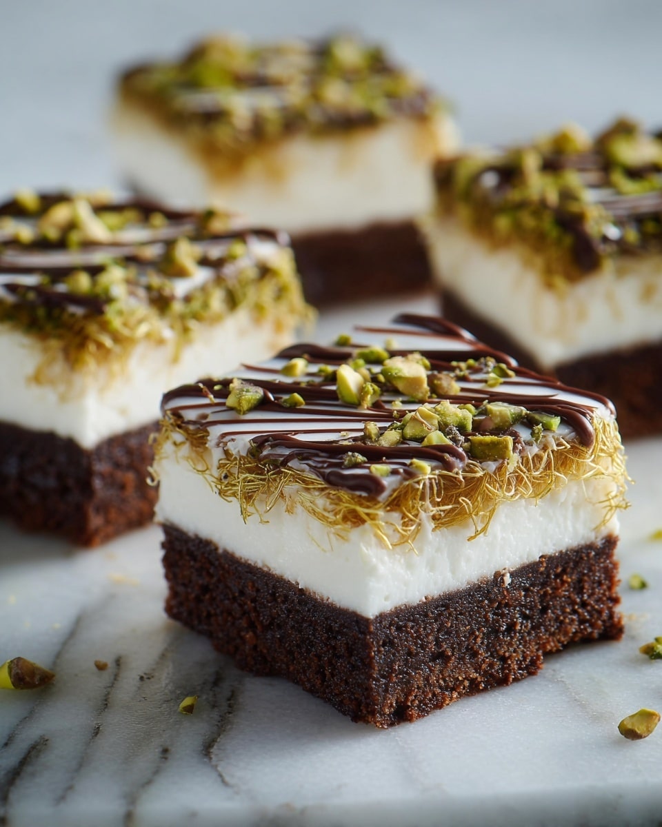 The image shows four square dessert pieces arranged on a white marbled surface. Each piece has three distinct layers: a dark brown, dense cake base at the bottom; a thick, smooth white middle layer; and a top layer of thin, golden, thread-like strands. The very top is decorated with scattered small green nut pieces and lines of dark chocolate drizzle. The dessert looks rich with a mix of soft and crunchy textures. photo taken with an iphone --ar 4:5 --v 7