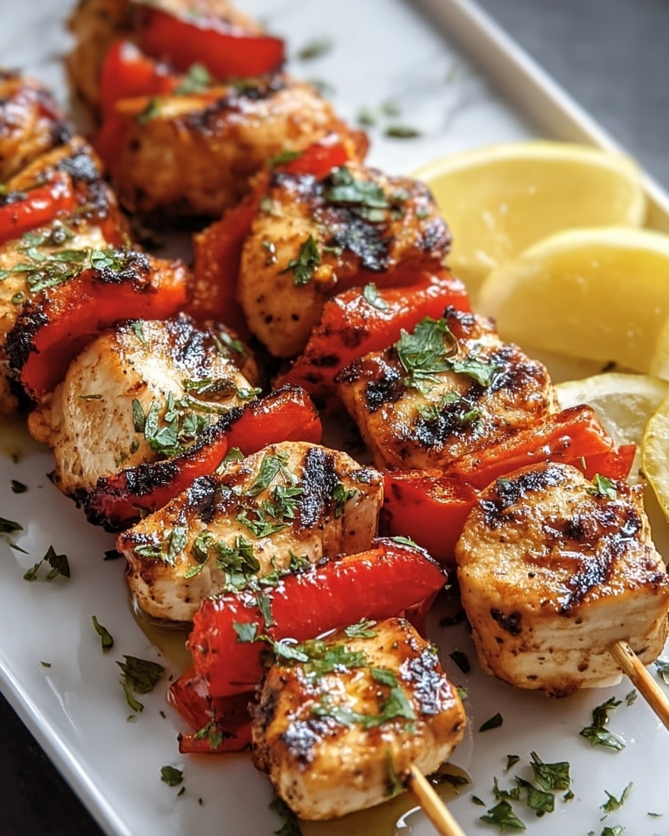 Three wooden skewers lie on a white plate with a white marbled texture underneath. Each skewer has five layers of grilled light brown chicken pieces with dark grill marks alternating with bright red bell pepper pieces that show some black charring. The chicken and peppers are sprinkled with small green herb bits across the surface. In the background, to the right side of the plate, two yellow lemon wedges rest slightly overlapping on the white plate. The glossy shine on the food and plate indicates they are freshly cooked. Photo taken with an iphone --ar 4:5 --v 7