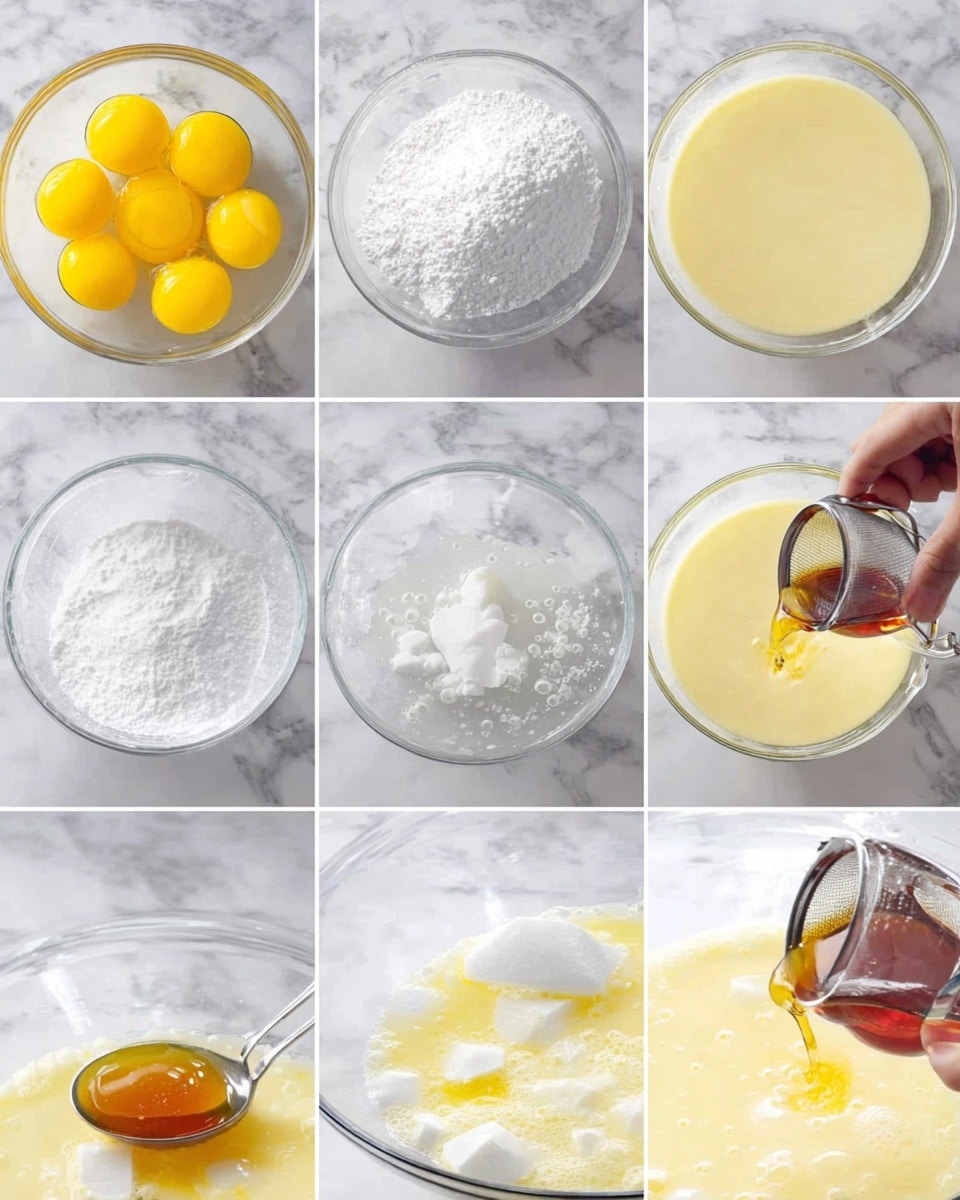 The image shows a step-by-step process in eight parts on a white marbled surface. The first part has a clear glass bowl with six bright yellow egg yolks and a mound of white sugar beside them. The second part shows the same bowl filled with a smooth, pale yellow liquid mixture. The third part shows a small amount of white powder in a clear bowl with a woman's hand holding a silver measuring spoon above it. The fourth part shows a bowl filled with white liquid bubbles. The fifth part shows a white spatula moving through a frothy, pale yellow mixture in a glass bowl. The sixth part shows a woman's hand pouring a clear liquid from a small glass bowl into the same foamy yellow mixture. The seventh part shows amber syrup being poured over the pale yellow mixture. The eighth part shows a white powder being sifted over the mixture through a silver sieve. Photo taken with an iphone --ar 4:5 --v 7
