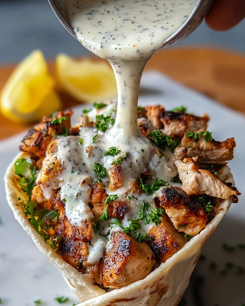 The image shows a white tortilla wrap filled and folded to hold its contents, placed on a white marbled surface. Inside, there is a layer of grilled chicken pieces that are browned and slightly charred, with a texture that looks juicy and tender. The chicken pieces are topped with fresh green chopped parsley scattered evenly. On top, a creamy white sauce with small black specks is being poured from above by a woman's hand, covering the chicken and adding a smooth, rich layer to the wrap. In the background, there are blurred yellow lemon wedges adding a pop of color. Photo taken with an iphone --ar 4:5 --v 7