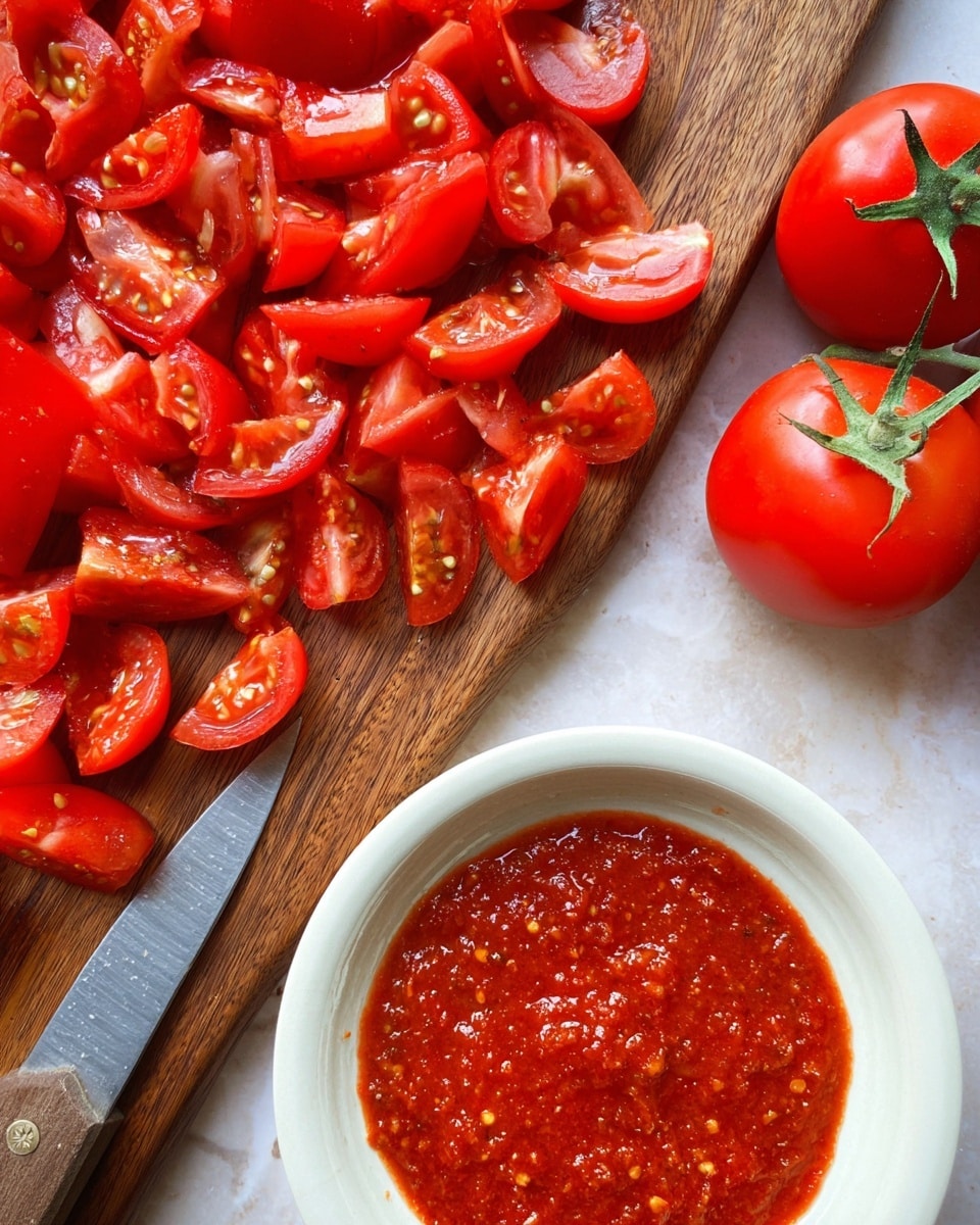 The image shows a wooden board covered with many red tomato pieces cut into quarters, showing their wet, shiny inside with seeds and pulpy texture, alongside three whole tomatoes with green stems on the right side. In the bottom right corner, there is a white bowl filled with a rough textured red tomato sauce with visible small bits and a glossy surface. At the bottom left, a knife lies flat with two tomato pieces on its blade. The background is a white marbled texture. photo taken with an iphone --ar 4:5 --v 7