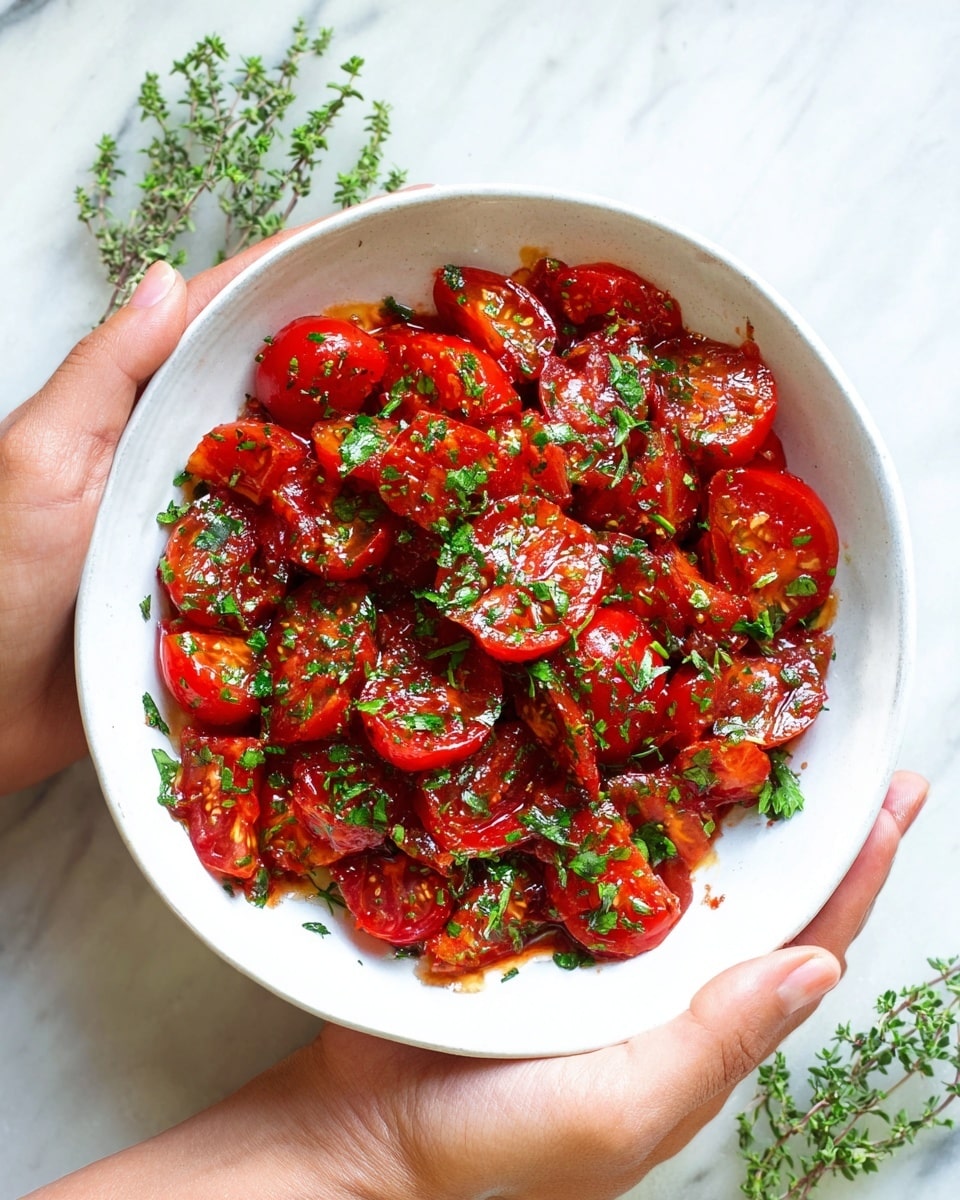 A white bowl filled with one layer of bright red tomato pieces coated in a glossy, dark red sauce, sprinkled with fresh green chopped herbs all over. The tomatoes have a juicy and slightly shiny texture. Two woman's hands are holding the bowl gently from the sides. The bowl is placed on a white marbled surface with small green herb sprigs in the background. photo taken with an iphone --ar 4:5 --v 7