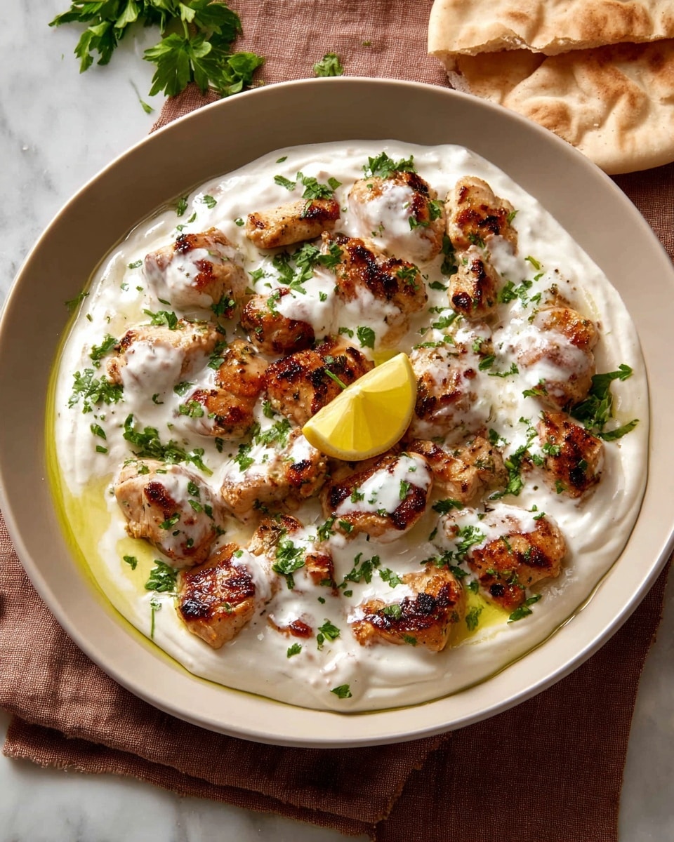 The dish shows many pieces of cooked brown chicken with a slightly charred look placed in a white bowl. On top, there is a thick layer of white creamy sauce with a smooth texture, drizzled generously over the chicken. Fresh chopped green herbs are sprinkled over the sauce for color contrast. A small yellow lemon wedge sits on the chicken near the center, adding a bright touch. Around the edges, a thin layer of olive oil pools slightly, adding a warm golden shine. The bowl is set on a soft brown cloth with some pita bread placed nearby on a white marbled surface. Photo taken with an iphone --ar 4:5 --v 7