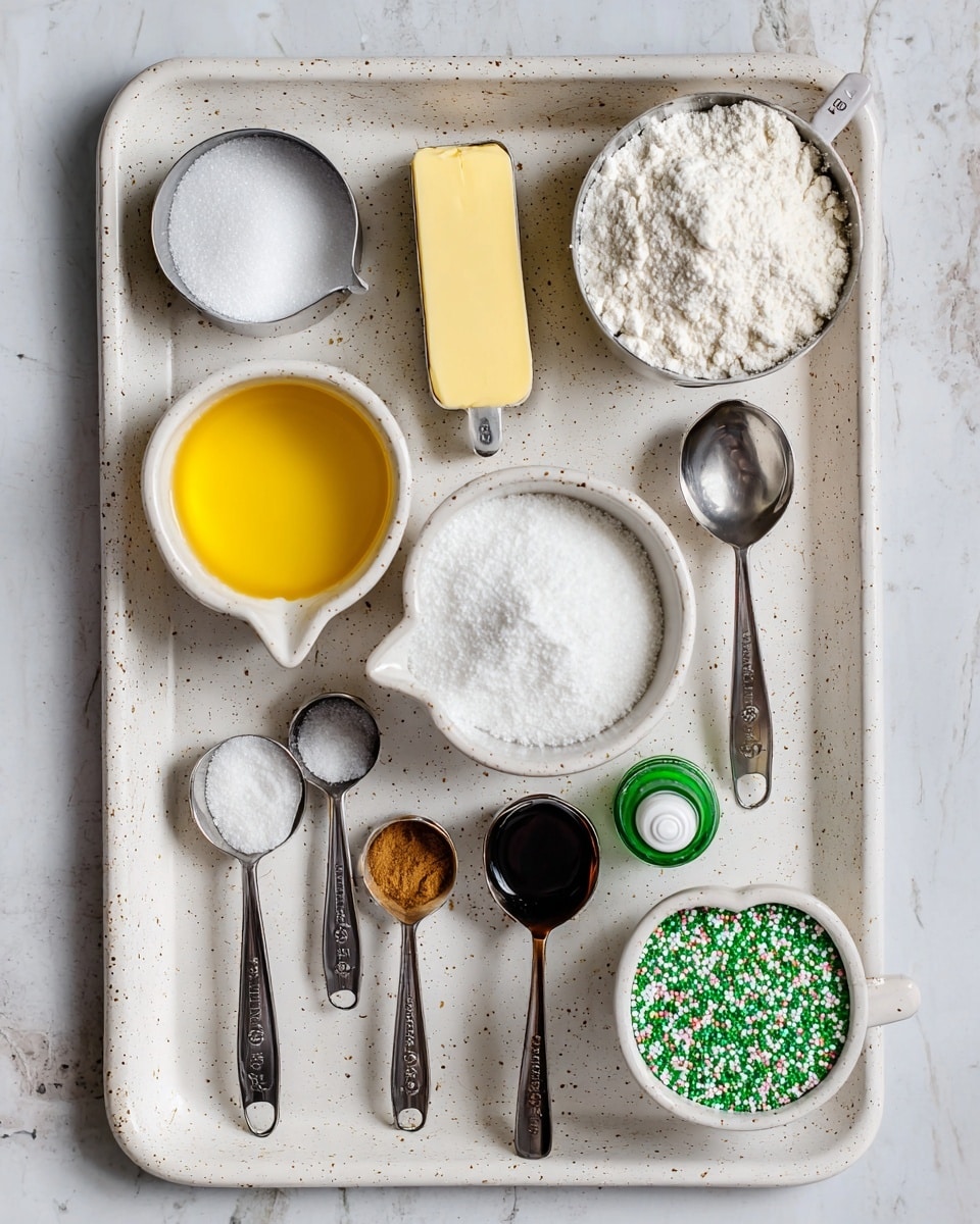 The image shows a white speckled tray on a white marbled surface holding various measuring cups and spoons with baking ingredients. At the top left is a 1/2 cup filled with white granulated sugar, next to it on the right is a 1 cup filled with white flour, and further right is a 1/4 cup with a stick of yellow butter. Below the flour is a 1 cup filled with white powdered sugar, and to the left is a 1/4 cup with a yellow egg yolk. Along the bottom row, from left to right, are a 1/4 teaspoon with a white powder, a 1/8 teaspoon with a light brown powder, a 1 tablespoon with dark brown vanilla extract, and a tiny green bottle of food coloring. At the bottom right, there is a 1/4 cup filled with small green and white round sprinkles. photo taken with an iphone --ar 4:5 --v 7