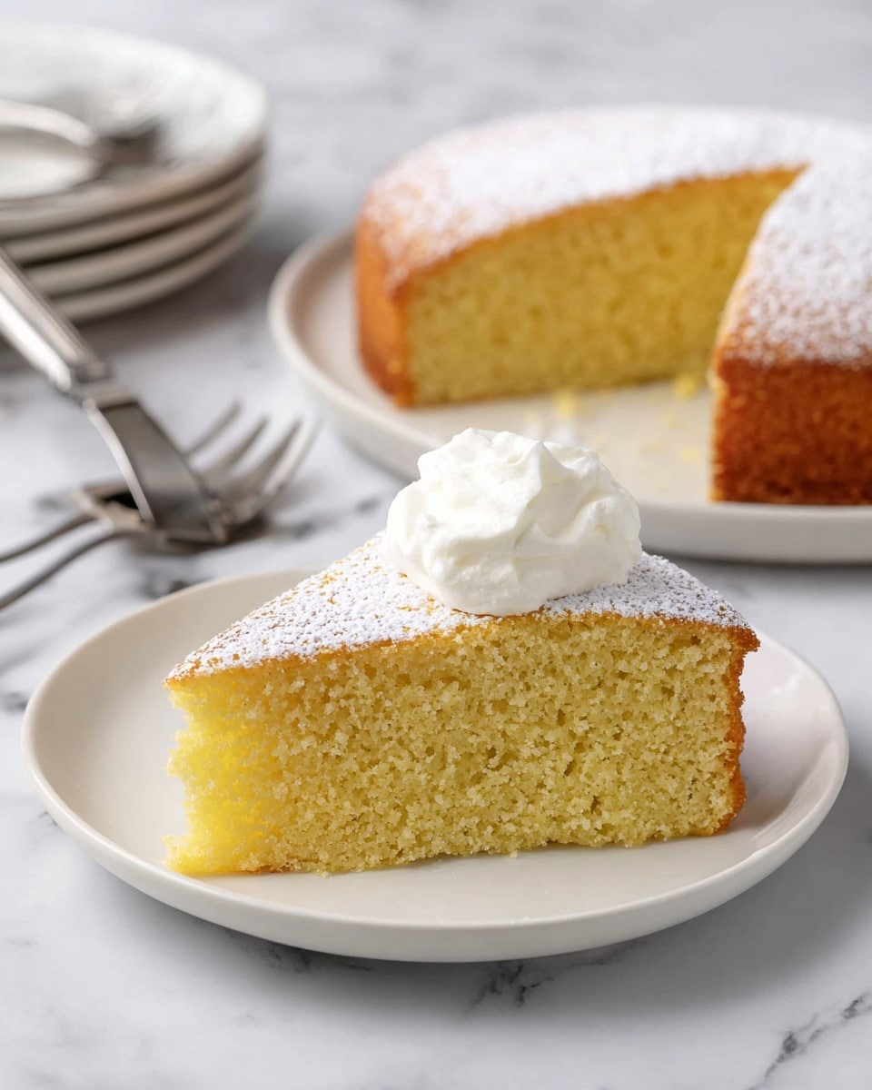 A single slice of light yellow cake with a soft, crumbly texture sits on a white plate. The top of the cake is dusted with powdered sugar, giving it a fine white layer. A dollop of white whipped cream rests neatly on top of the slice near the front edge. In the background, the rest of the round cake with one slice missing reveals the same light yellow color and crumbly texture. The scene is set on a white marbled surface, with a metal cake server near the plate and a stack of white plates with forks blurred out in the upper left corner. photo taken with an iphone --ar 4:5 --v 7
