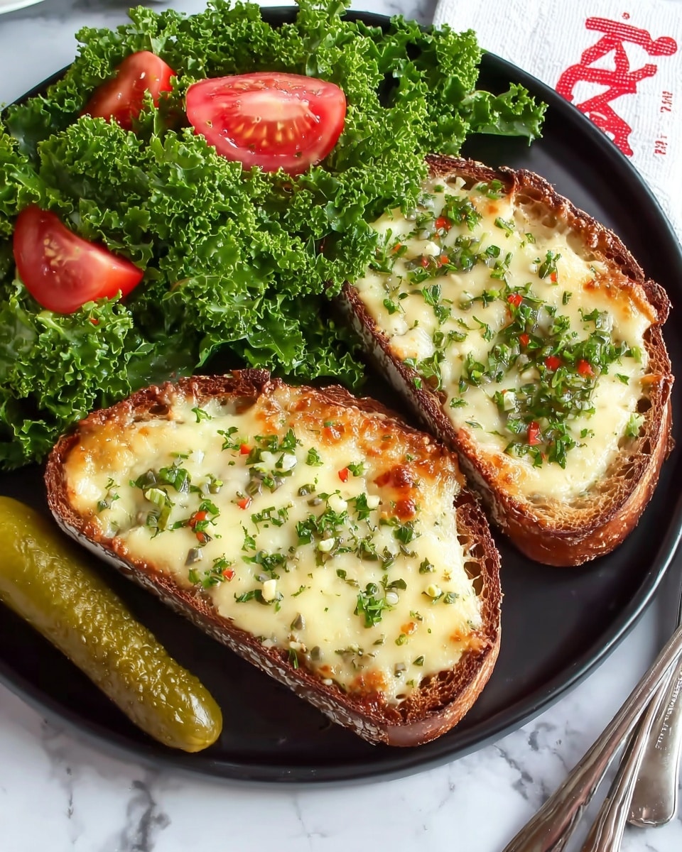 The image shows a round black plate on a white marbled surface. On the plate, there are two slices of toasted brown bread, each topped with a melted layer of creamy white cheese mixed with small green herbs and bits, sprinkled with finely chopped green parsley and small red spots for color. The toast slices are placed side by side on the right side of the plate. On the left side, there is a fresh green kale salad with bright red tomato wedges mixed throughout. A whole small green pickle lies next to the toast on the bottom right edge of the plate. A silver fork and a white napkin with a red design are visible in the background on the right side. photo taken with an iphone --ar 4:5 --v 7