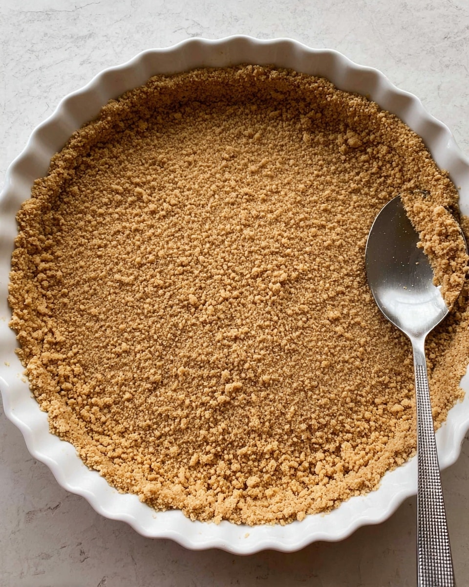 The image shows a single layer of light brown, crumbly crust pressed evenly inside a white scalloped-edge pie dish. The crust surface looks coarse with varied sized crumbs, filling the entire bottom and sides of the dish. A silver spoon with a textured handle lies on the right side inside the dish, partly resting on the crust. The background is a white marbled surface. photo taken with an iphone --ar 4:5 --v 7
