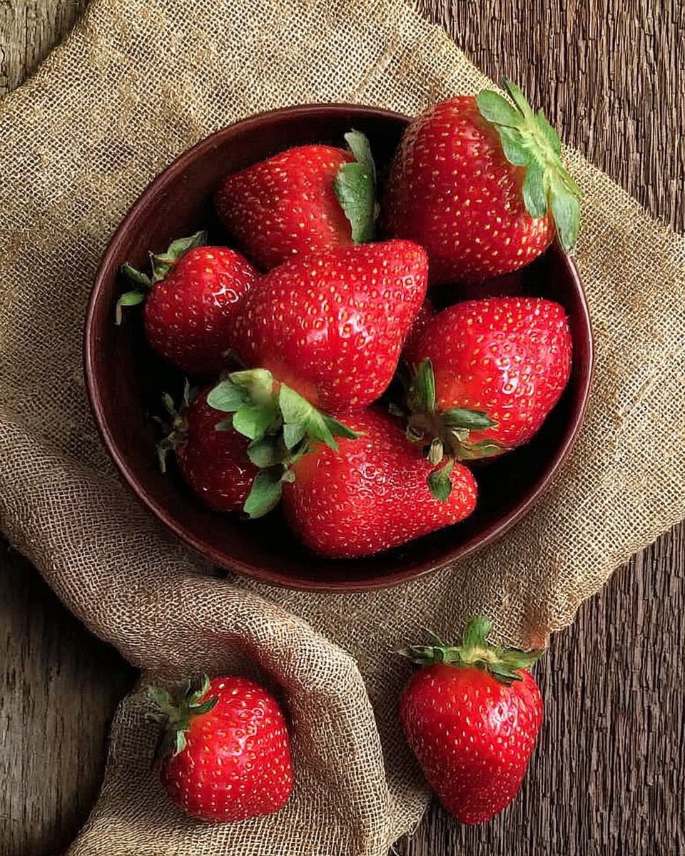 A dark brown bowl filled with bright red strawberries with green leaves on top, the strawberries have tiny yellow seeds and a shiny surface. Three strawberries are placed outside the bowl on a light brown rough fabric, which is laid over a worn wooden surface. The colors are rich with the red strawberries contrasting against the brown bowl and fabric. The photo taken with an iphone --ar 4:5 --v 7