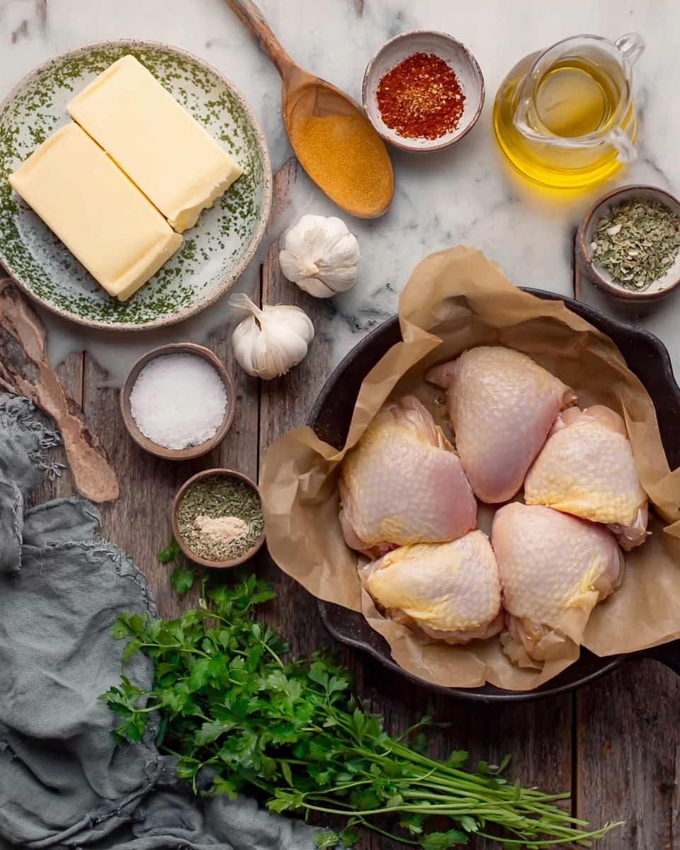The image shows raw chicken pieces, four in total, placed on brown parchment paper inside a black cast iron skillet on a white marbled surface. To the left, there are three large blocks of butter stacked on a white plate with a speckled green pattern. Surrounding the main items are fresh green parsley bunches, two garlic bulbs with individual garlic cloves scattered nearby, a small glass of red spice powder, a small wooden spoon containing a mix of herbs and salt, a small glass bowl of white salt, a glass jug of light golden liquid, and a gray cloth partially visible on the left side. The colors are natural and warm, with a rustic wooden texture beneath the ingredients. Photo taken with an iphone --ar 4:5 --v 7