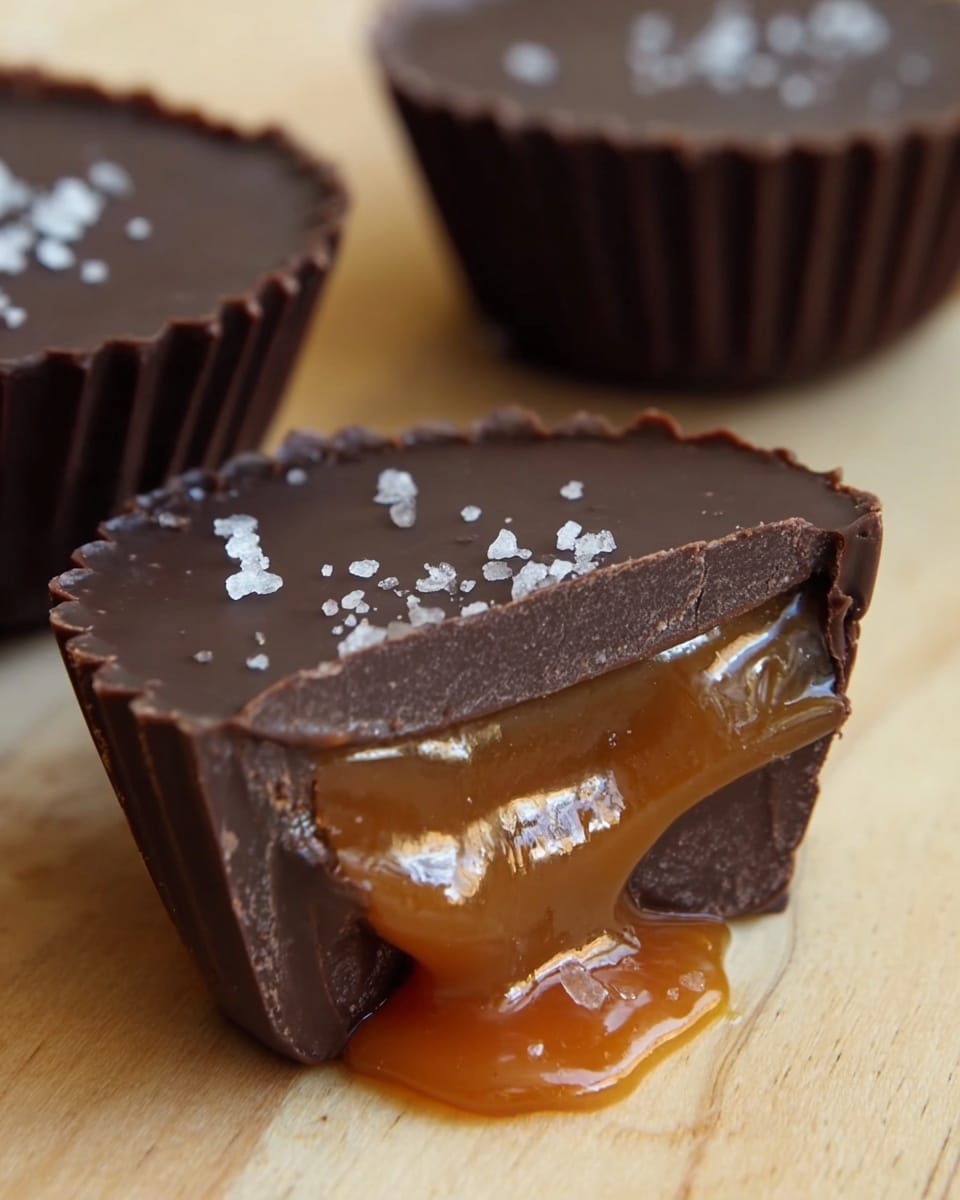 The image shows a close-up of a small dark chocolate cup with a ridged edge, filled with soft caramel that is oozing out from a bite taken from the front. The top layer is smooth dark chocolate sprinkled with a few white salt crystals, while the middle layer is thick and shiny caramel in a light brown color with a glossy texture. The chocolate walls around the caramel are dark and firm, holding the filling tightly. The chocolate cup is placed on a light wooden surface with two whole chocolate cups blurred in the background. Photo taken with an iphone --ar 4:5 --v 7