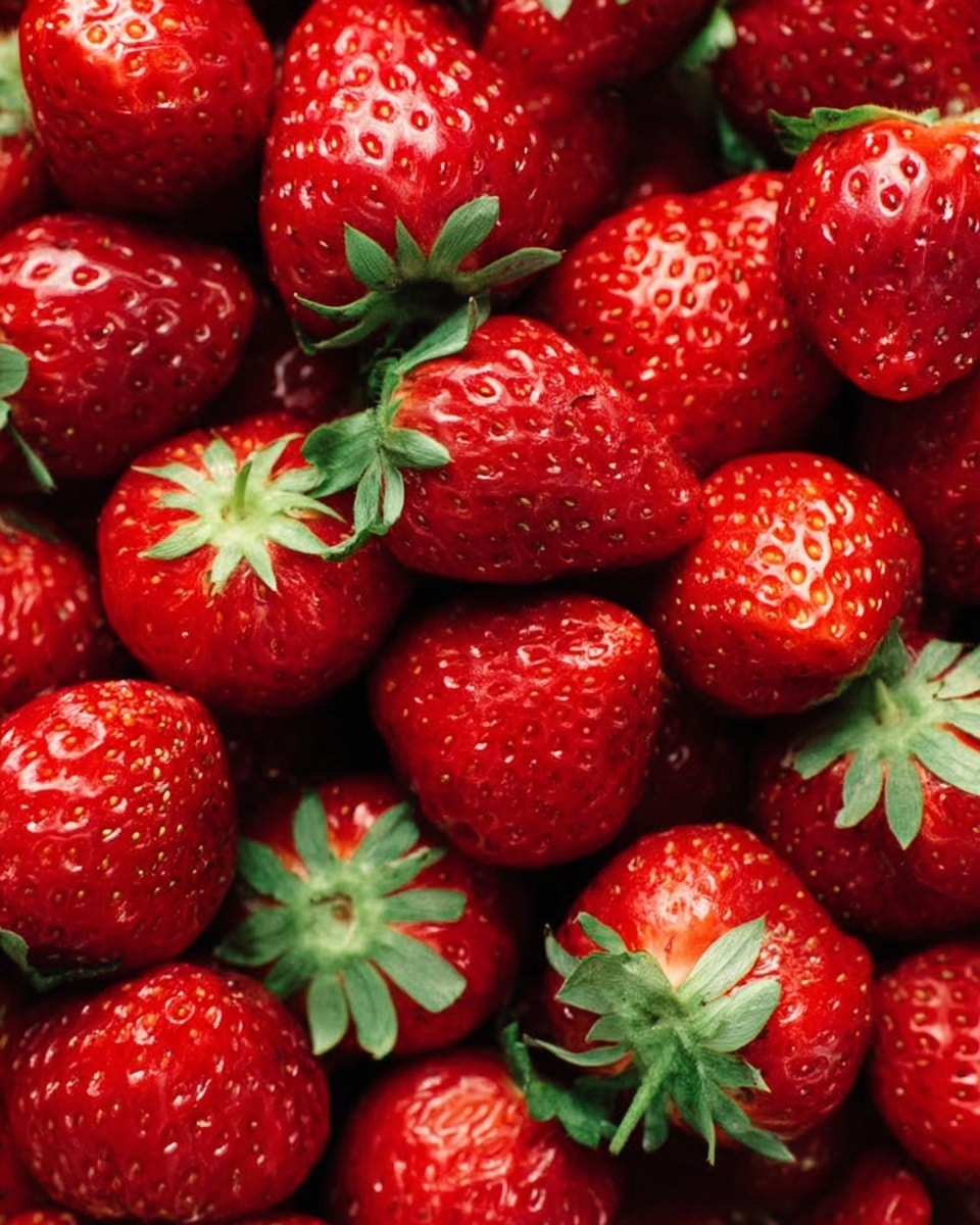 The image shows a close-up of many fresh red strawberries full of small seeds and bright green leafy tops. The strawberries have a shiny, smooth surface, and they fill the entire frame, creating a pile where some are fully visible while others are partly hidden behind. The rich red color and the varying sizes of the strawberries stand out clearly. The photo taken with an iphone --ar 4:5 --v 7