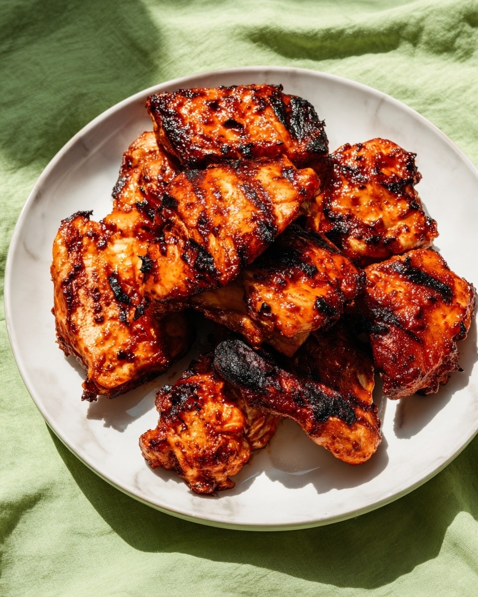 A white plate filled with several pieces of grilled chicken that have a shiny, reddish-brown glaze. The chicken pieces are uneven in shape, with noticeable char marks and small burnt edges, giving a slightly crispy texture. They are stacked close together covering most of the plate. The plate is sitting on a wrinkled light green cloth, and the whole scene is lit by bright sunlight, showing clear shadows. The background surface is a white marbled texture. photo taken with an iphone --ar 4:5 --v 7