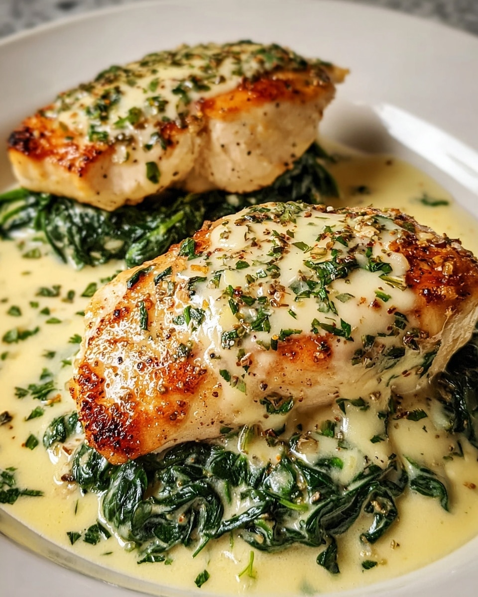 Two pieces of cooked chicken are shown on a white plate with a white marbled texture underneath. Each chicken piece has a golden-brown sear on the edges and is topped with a creamy, slightly browned sauce that has green herb bits sprinkled throughout. The chicken rests on a layer of cooked dark green spinach mixed with the same creamy sauce, which pools around the spinach and chicken, giving the dish a rich, glossy look. photo taken with an iphone --ar 4:5 --v 7