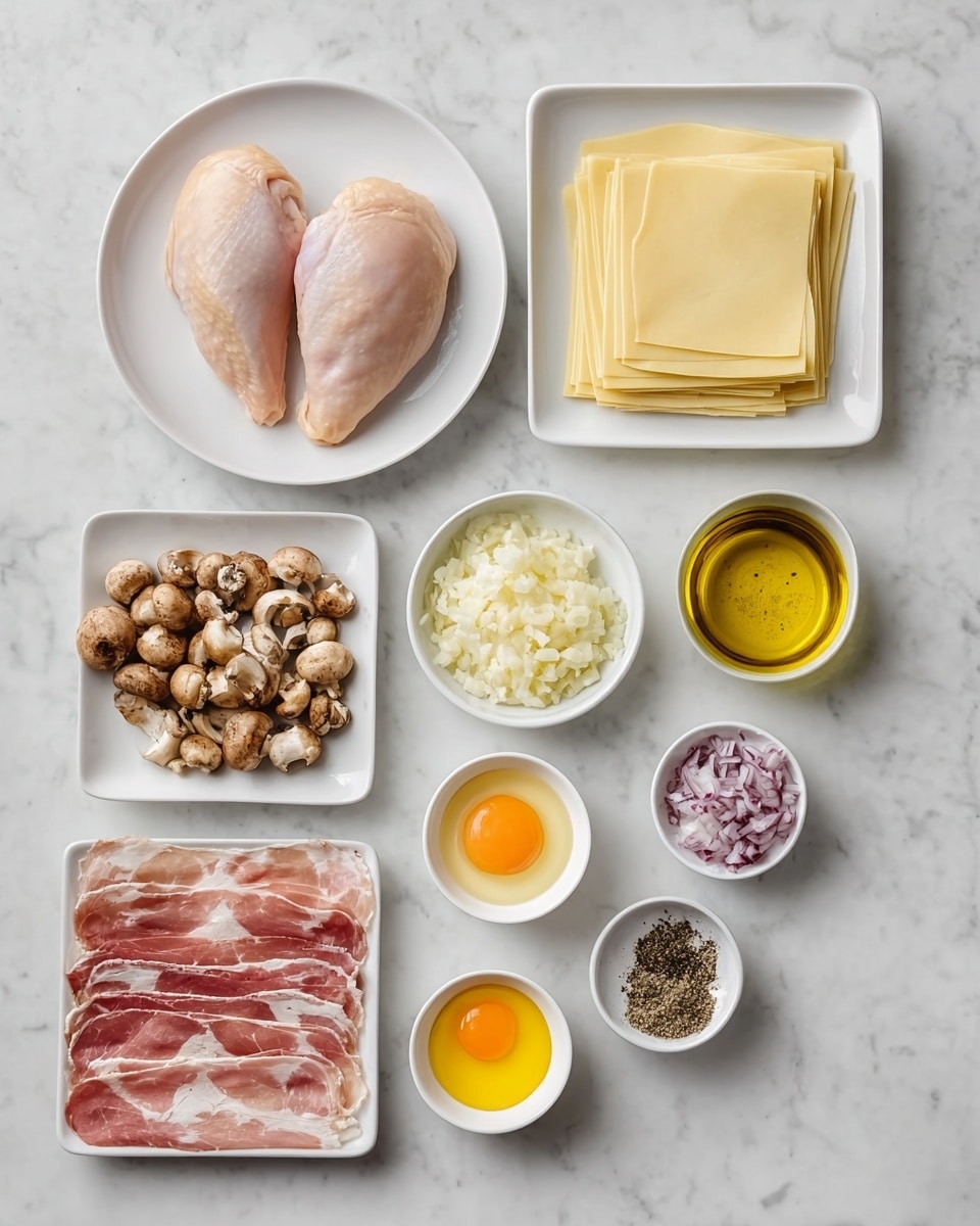 The image shows a neat arrangement of cooking ingredients on a white marbled surface. At the top left, there is a round white plate holding two raw pink chicken pieces with a smooth texture. To its right, a square white plate holds a stack of pale yellow dough sheets, layered flat. Below, there are several small white bowls: olive oil with a shiny golden surface, chopped brown mushrooms with a rough texture, finely chopped light purple shallots, and small white diced garlic. In the bottom left corner, a square white plate holds four thin slices of pink and white marbled cured meat. To the right of this plate, three small white ramekins contain a small dollop of pale yellow butter, a yellow mustard sauce, and a bright orange raw egg yolk with a smooth glossy surface. Nearby, a small white bowl holds ground black pepper, and another is empty. The overall look is clean, bright, and organized for cooking preparation photo taken with an iphone --ar 4:5 --v 7