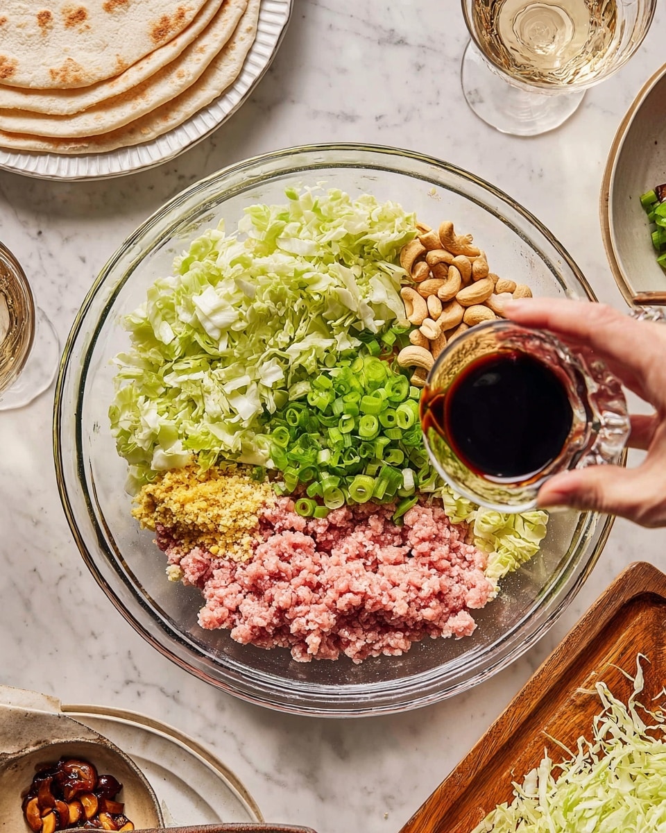 A clear glass bowl holds several fresh ingredients placed in separate sections. On the right, there is pink raw ground meat. Above the meat, there are chopped green onions, bright green and fresh. To the top left, shredded light green cabbage fills that portion with a chopped texture. Below the cabbage, there are chopped cashew nuts adding a light brown color and rough texture. Near the center, small piles of finely minced garlic and yellow ginger are placed next to a shiny dark soy sauce puddle. A woman's hand is seen pouring more dark soy sauce into the bowl from a small glass container. The background is a white marbled surface with white plates containing folded light brown flatbreads on the top left and a wooden board with some shredded cabbage on the bottom right. Photo taken with an iphone --ar 4:5 --v 7