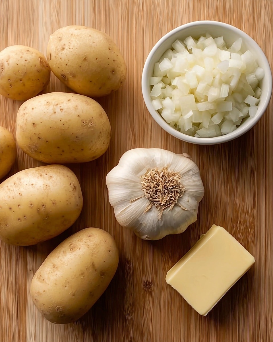 The image shows six light brown potatoes with smooth skins arranged on the left side of a wooden surface. In the center, there is a whole bulb of garlic with a pale beige color and visible cloves, cut across the top. To the right of the garlic, there is a small square piece of pale yellow butter placed directly on the wooden surface. Above the butter, there is a white bowl filled with small, white, diced onions. The surface beneath everything is a light brown wood cutting board. photo taken with an iphone --ar 4:5 --v 7