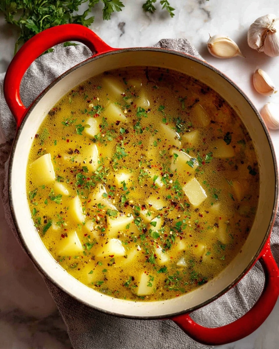The image shows a white pot with a red handle filled with chunky soup. The soup has three main layers: the bottom is a yellow broth with a slightly oily surface, the middle layer contains small pale yellow potato cubes floating throughout, and the top layer is sprinkled with finely chopped green herbs and black pepper flakes. The pot sits on a grey cloth over a white marbled surface, with garlic cloves and green herbs blurred in the background. Photo taken with an iphone --ar 4:5 --v 7