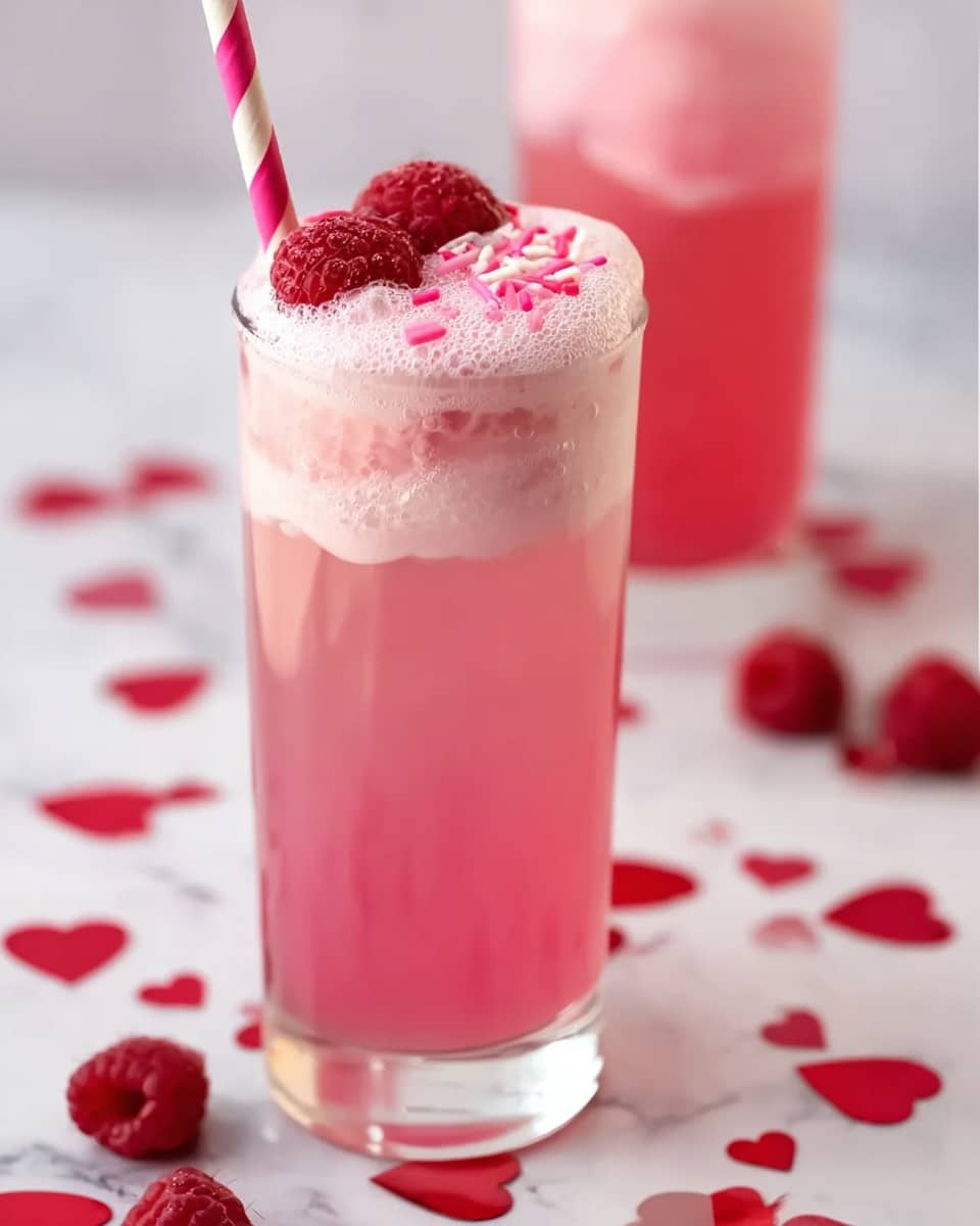 A tall clear glass filled with three layers: the bottom layer is a light pink liquid, the middle layer is a slightly darker pink liquid, and the top layer is a foamy pink froth. On top of the foam, there are a few fresh raspberries and small round red and white sprinkles. Inside the glass, near the side, is a pink and white striped straw. The glass is placed on a white marbled surface with red heart-shaped decorations scattered around. In the background, another similar glass can be seen, slightly out of focus. photo taken with an iphone --ar 4:5 --v 7