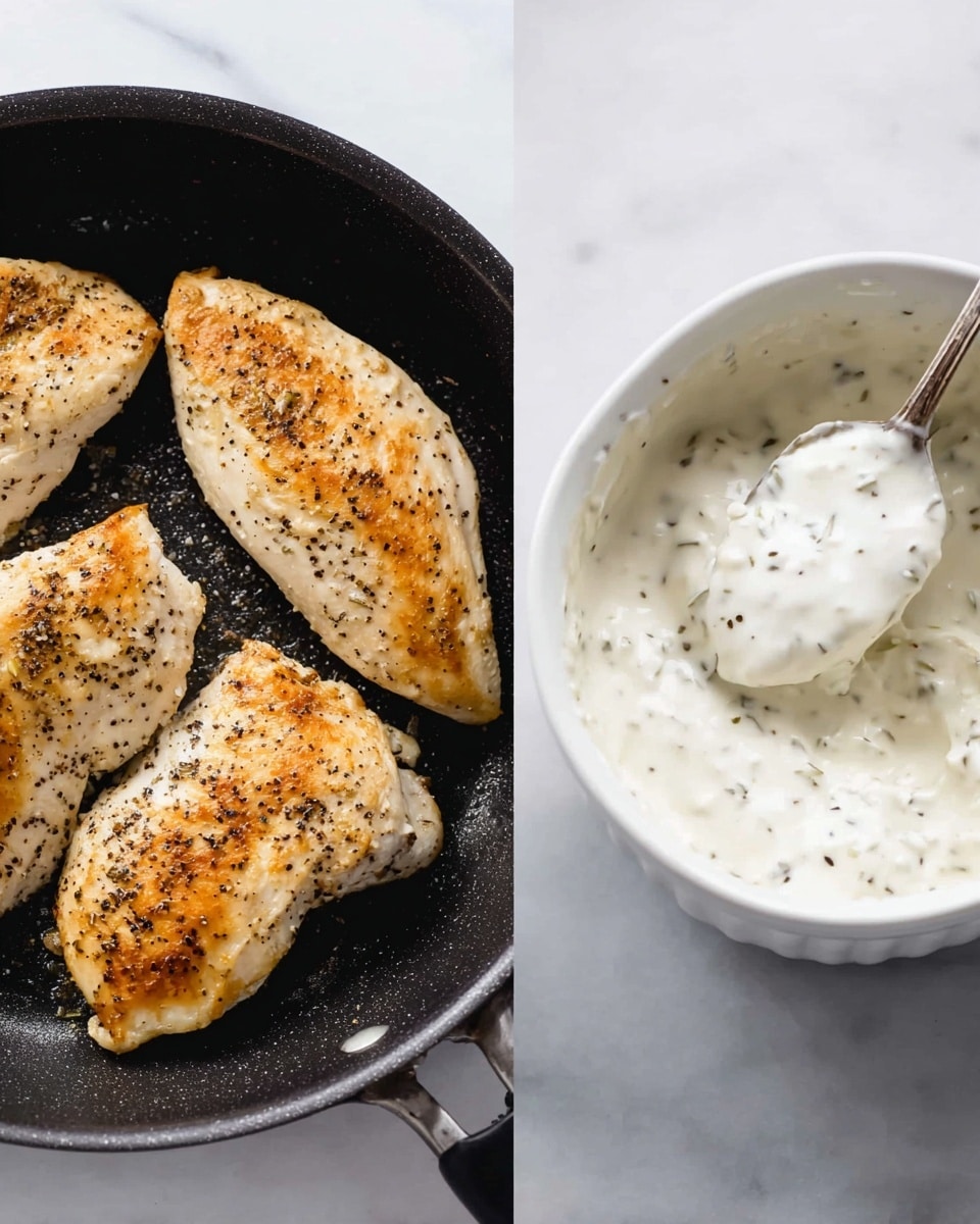 The image shows two parts: on the left, a black pan with four cooked chicken fillets browned on top, each seasoned with black pepper and lightly golden, with a slightly oily texture on the surface; on the right, a white ramekin filled with thick, creamy white sauce that has small black specks mixed in, and a silver spoon scooping some of the sauce, all set on a white marbled surface photo taken with an iphone --ar 4:5 --v 7
