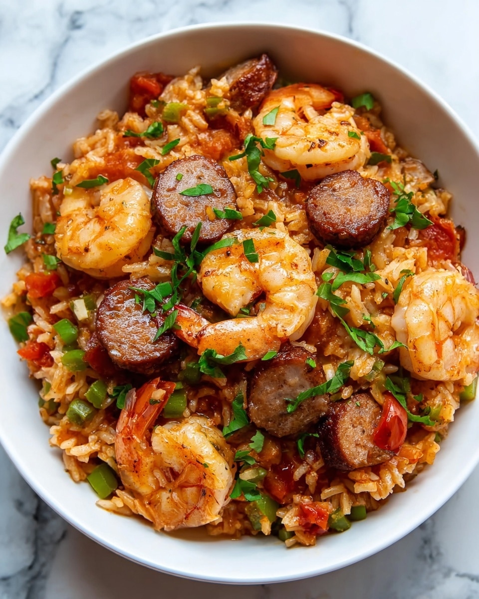 A white bowl filled with a colorful dish consisting of cooked rice mixed with small green and red vegetable pieces, topped with browned sausage slices and curled pink shrimp. The shrimp are scattered evenly on the surface, with sausage pieces nestled between them. The rice looks moist and has a reddish-orange tint, indicating a sauce mixed in. Fresh green herbs are sprinkled on top, adding contrast to the warm colors of the dish. The bowl rests on a white marbled surface. photo taken with an iphone --ar 4:5 --v 7