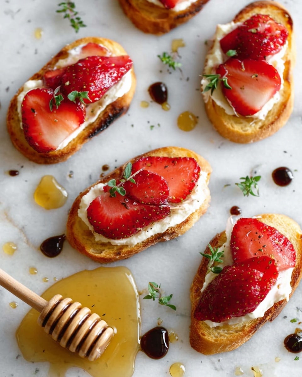 This image shows five small white toasted bread pieces arranged on a white marbled surface. Each toast has a layer of creamy white spread topped with two bright red strawberry halves. Small green herb sprigs are placed on or near some toasts. Around the toasts are drops of golden honey and thick dark balsamic glaze. A wooden honey dipper with dripping honey is visible in the lower left corner. The colors are fresh and vibrant with the contrast of red strawberries, white cream, golden toast, and green herbs, creating an inviting look. Photo taken with an iphone --ar 4:5 --v 7