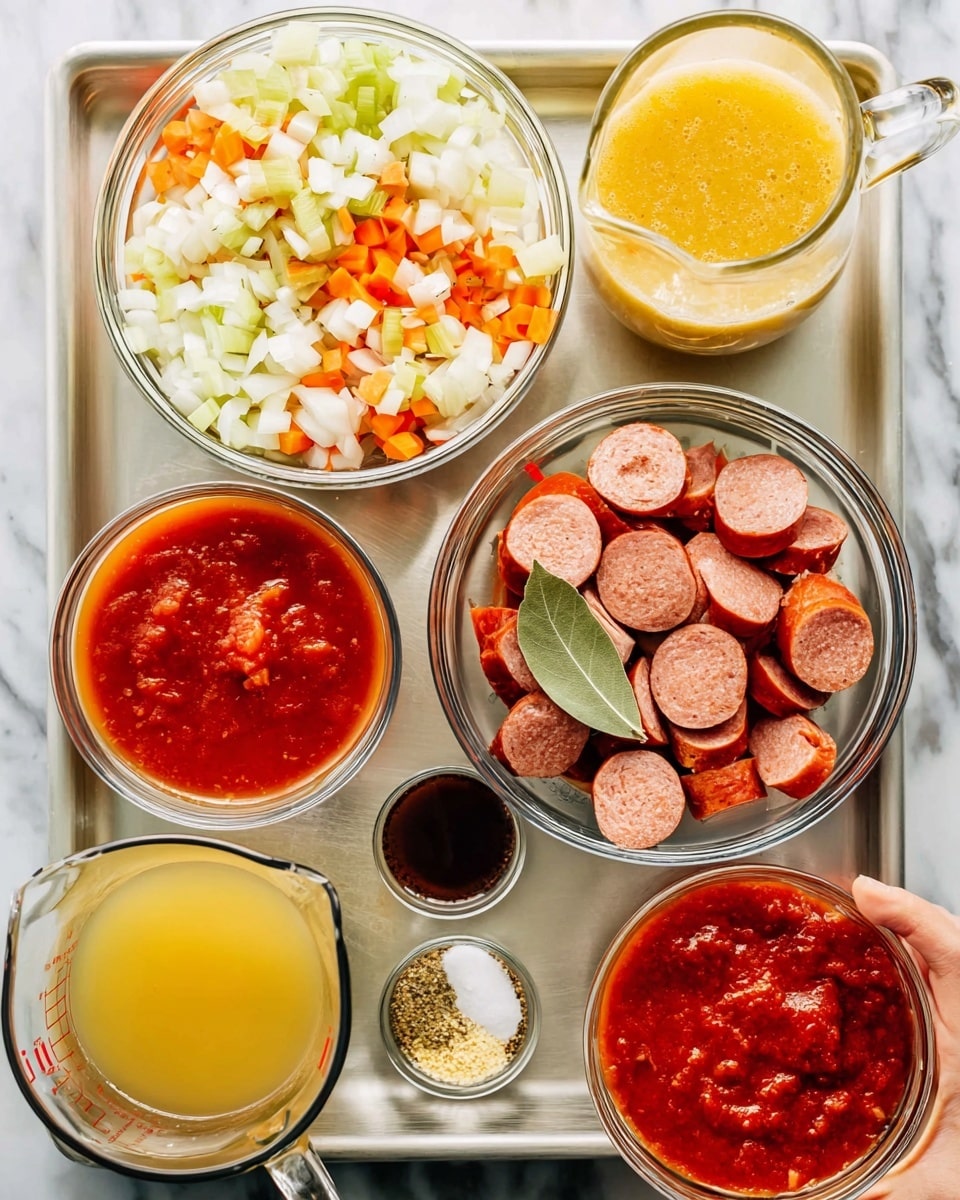 The image shows a collection of cooking ingredients arranged neatly on a light-colored tray placed on a white marbled surface. There are six clear glass bowls and a glass measuring cup. One large bowl contains diced vegetables in white, orange, and green colors, mostly onions, carrots, and celery. Another large bowl holds sliced sausage pieces that are a reddish-brown color, with a bay leaf on top. The glass measuring cup is filled with a yellow liquid likely broth. There is a smaller bowl filled with thick red tomato paste and another with smooth red tomato sauce. A tiny bowl shows some dark brown liquid, and one more small bowl holds a mix of seasonings in pale yellow, white, and brown colors. A woman's hand is seen lightly holding the edge of the tray on the right side. Photo taken with an iphone --ar 4:5 --v 7