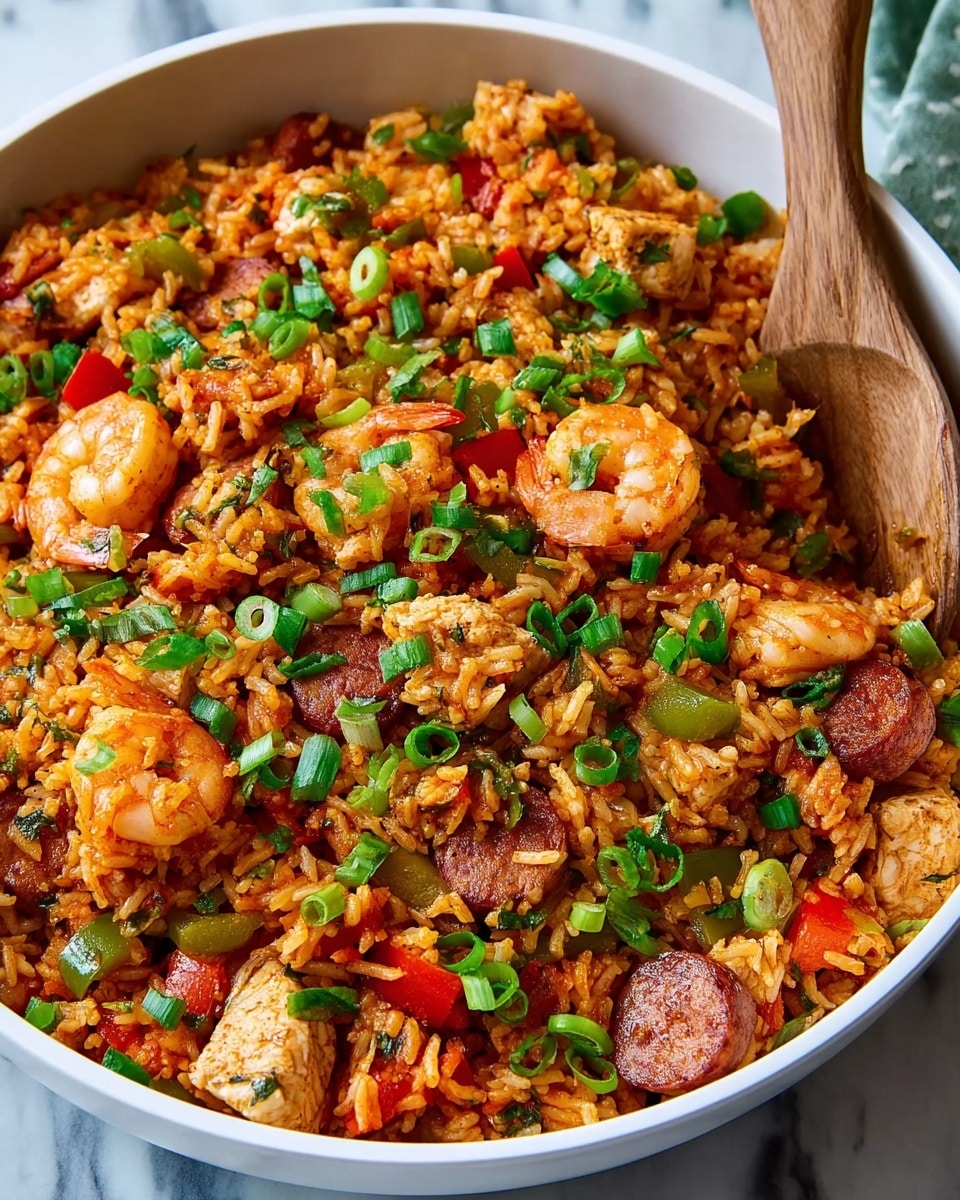 A large white bowl filled with a colorful dish made of cooked rice mixed with pieces of shrimp, sausage, and chicken. The rice is orange-red and has visible green, red, and yellow bell pepper chunks scattered through it. Bright green chopped herbs and sliced green onions are sprinkled on top. The textures show tender meat and shrimp along with soft rice and crisp vegetables. The bowl sits on a white marbled surface with a wooden spoon resting inside, partially visible in the top right corner. Photo taken with an iphone --ar 4:5 --v 7