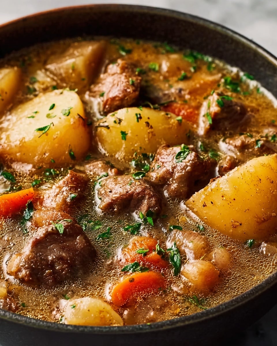 A close-up view of a rich stew in a dark bowl on a white marbled surface, filled with chunky pieces of brown meat and large, soft yellow potatoes. There are orange carrot chunks and translucent cooked onions mixed throughout in a light brown, thick broth. The stew is topped with scattered fresh green herbs, adding a touch of color contrast. The surface of the broth shows small bubbles and a slight sheen, making it look warm and inviting. photo taken with an iphone --ar 4:5 --v 7