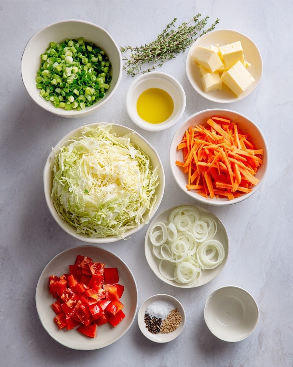 The image shows ten white bowls and small plates arranged neatly on a white marbled surface. Starting from the top left, a bowl filled with bright green chopped scallions sits next to two small sprigs of fresh thyme. Below that, a small bowl of creamy yellow butter pieces, a small bowl with golden olive oil, and a small empty white bowl are placed. In the center, a medium white bowl holds shredded pale green cabbage. Below the cabbage, a small bowl with thin, circular white onion slices is present. Next to the onions, a larger white bowl contains thinly sliced, bright orange carrots. At the bottom left, a white plate has chopped red tomatoes and small pieces of red chilies. Lastly, a very small bowl at the bottom center holds salt and pepper. The photo is taken with an iphone --ar 4:5 --v 7