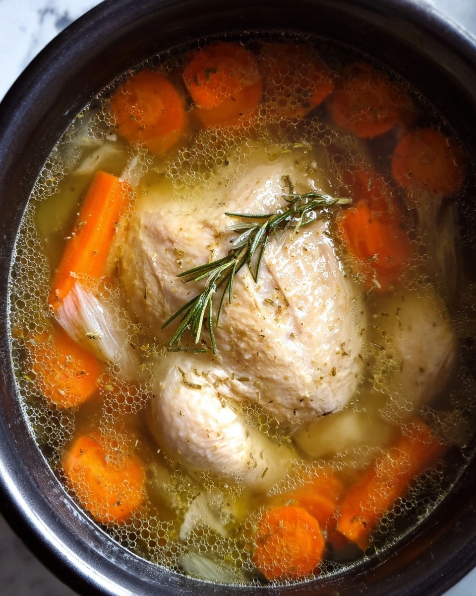 The image shows a clear broth soup in a black pot filled with a whole pale chicken in the center. Surrounding the chicken are bright orange carrot slices, translucent pieces of onion, and green herbs, all floating in the light yellow soup with visible oil droplets on the surface. The chicken has a soft, slightly bumpy texture with a sprig of rosemary placed on top. The vegetables and chicken are partially submerged in the clear, warm broth. The photo is captured on a white marbled surface. photo taken with an iphone --ar 4:5 --v 7