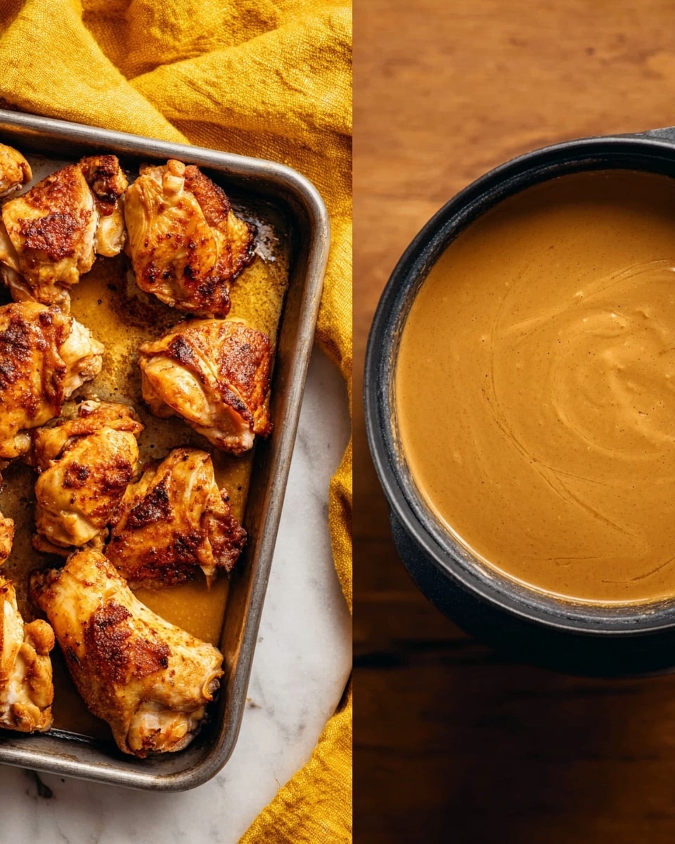 The image shows two parts: on the left, a metal tray filled with several pieces of cooked chicken with a golden brown color and slight charring on the skin, arranged closely together. The tray sits on a white marbled surface with a glimpse of a yellow cloth underneath. On the right, a black pan contains a smooth, creamy brown sauce with a slight swirl pattern on the surface. The pan rests on the same white marbled texture as the tray. The overall look is warm and inviting, focusing on the cooked chicken and the sauce side by side photo taken with an iphone --ar 4:5 --v 7